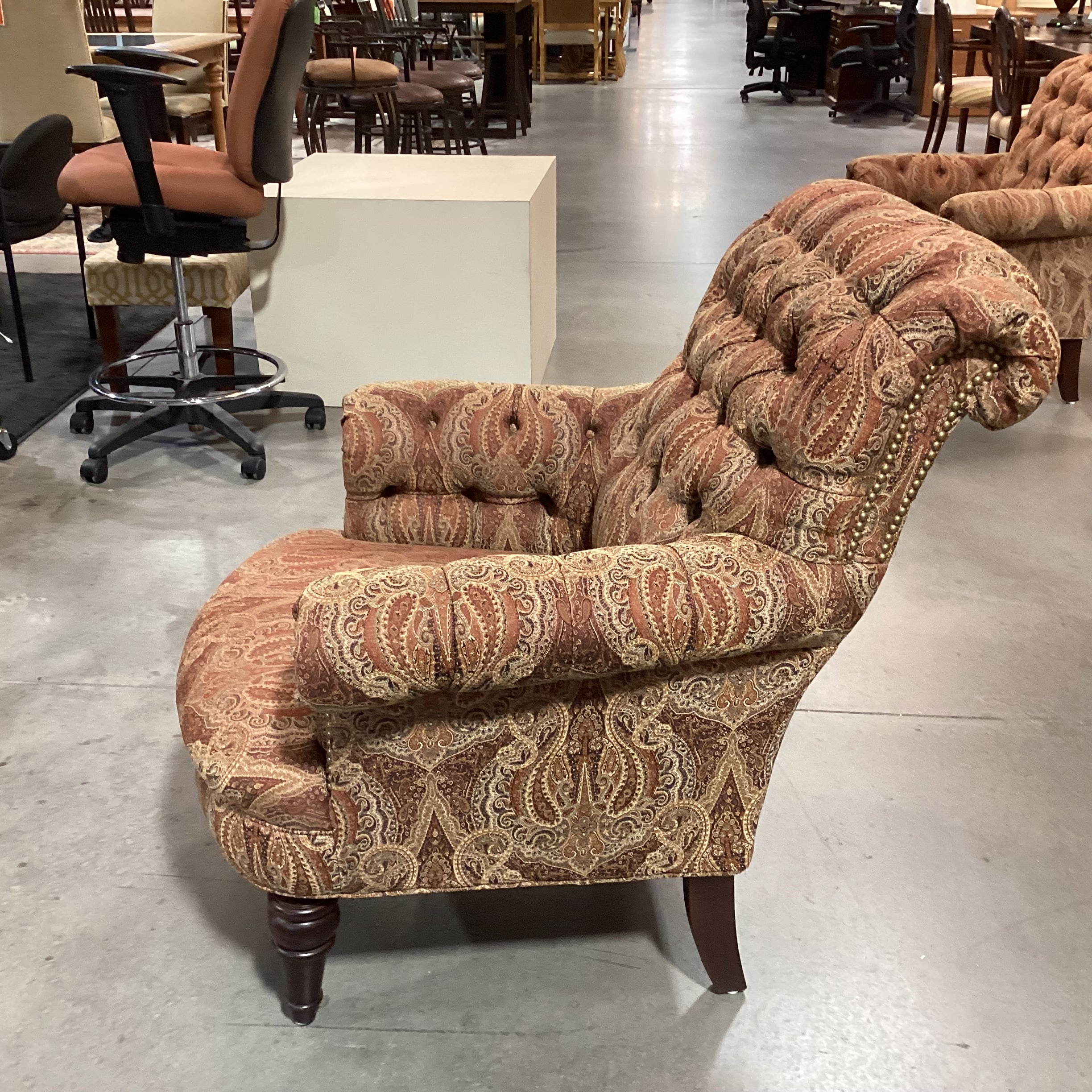 Custom Gold Rust Tan Ornate Paisley Tufted Nailhead with Carved Feet Chair 34"x 38"x 38"