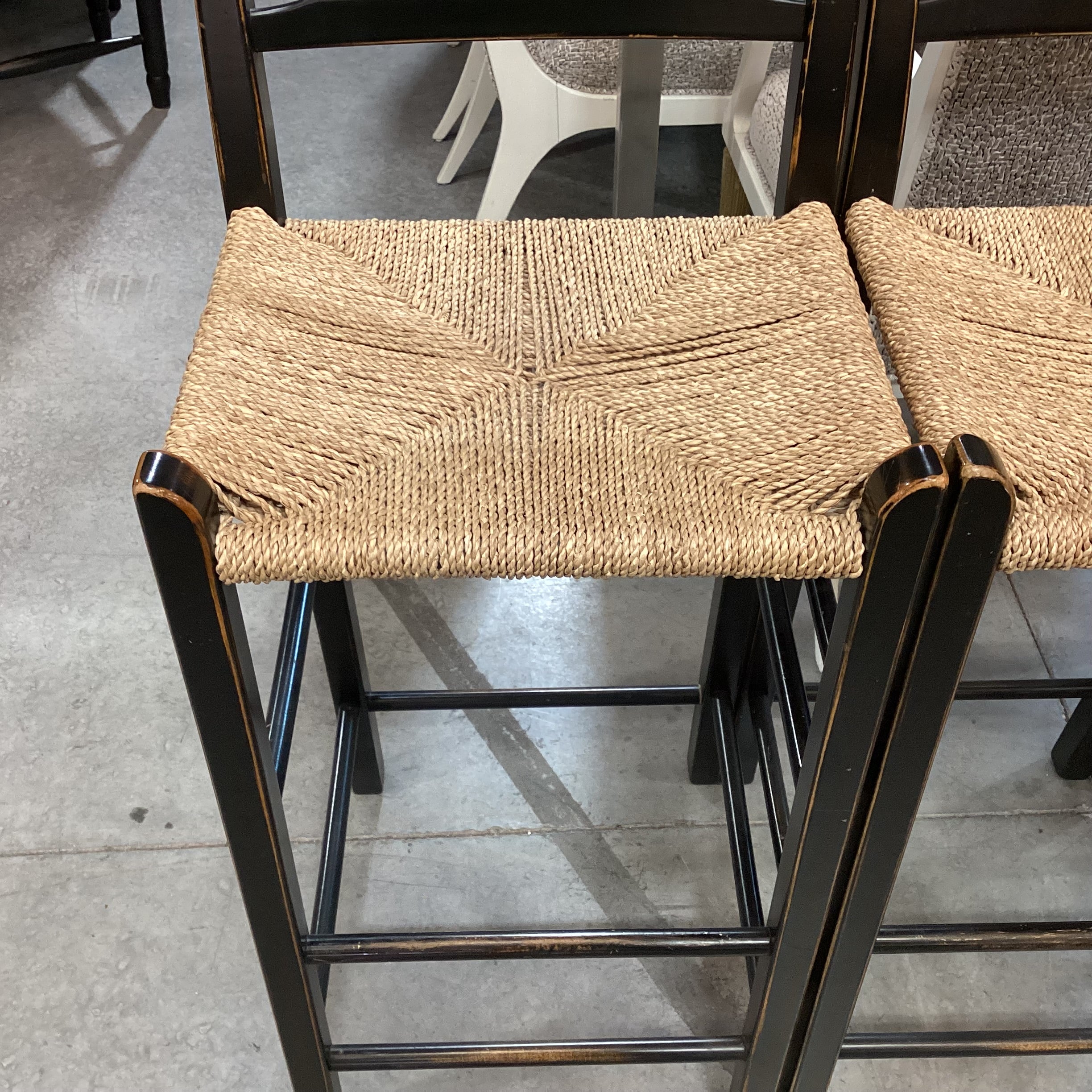 SET of 4 Wolf Diamond Point in Black Hand Sanded Maple Woven Seagrass Seat Barstools 30"