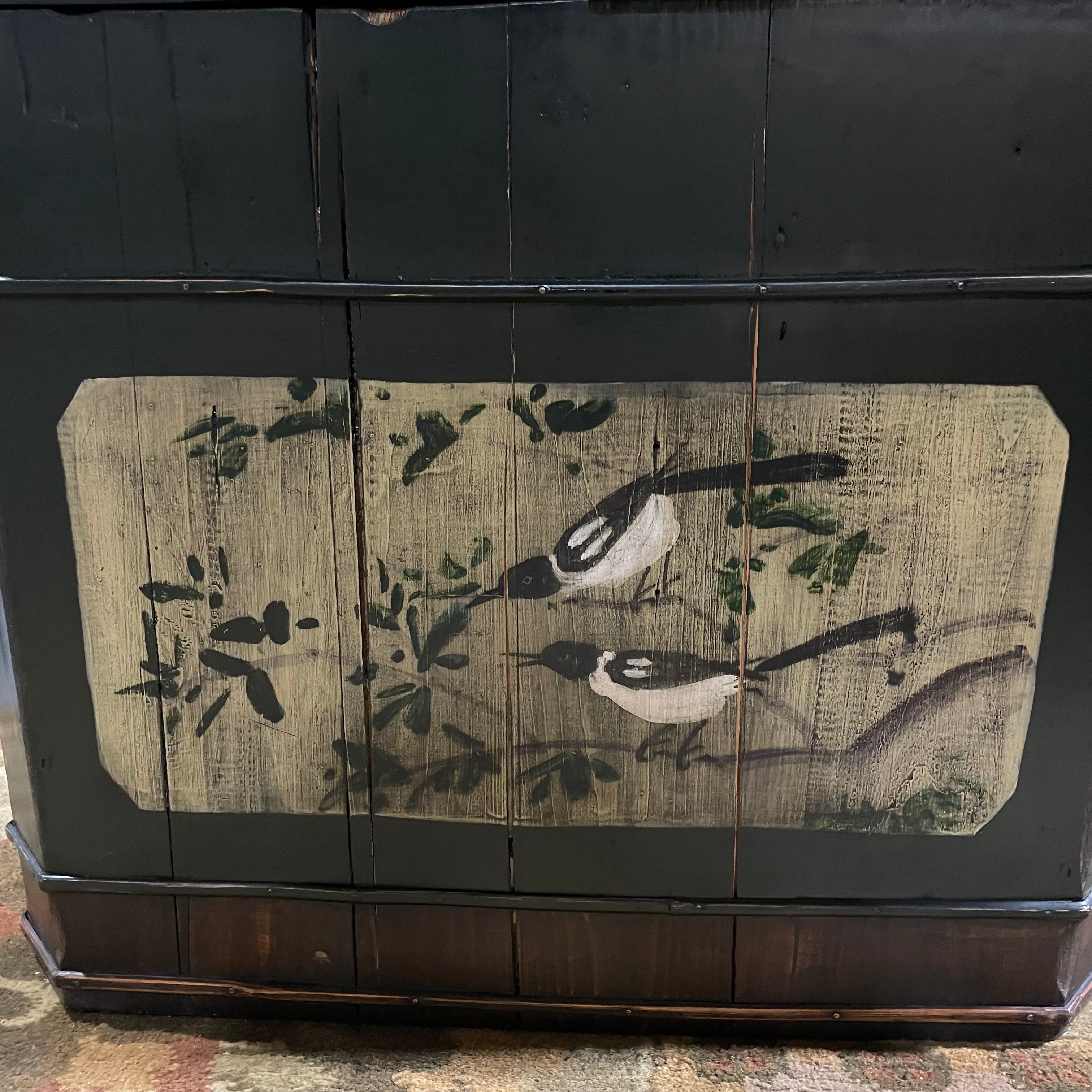 Vintage Asian Handpainted Birds Calligraphy Lined Wedding Trunk with Handles,"25 x 15" x 17.25"