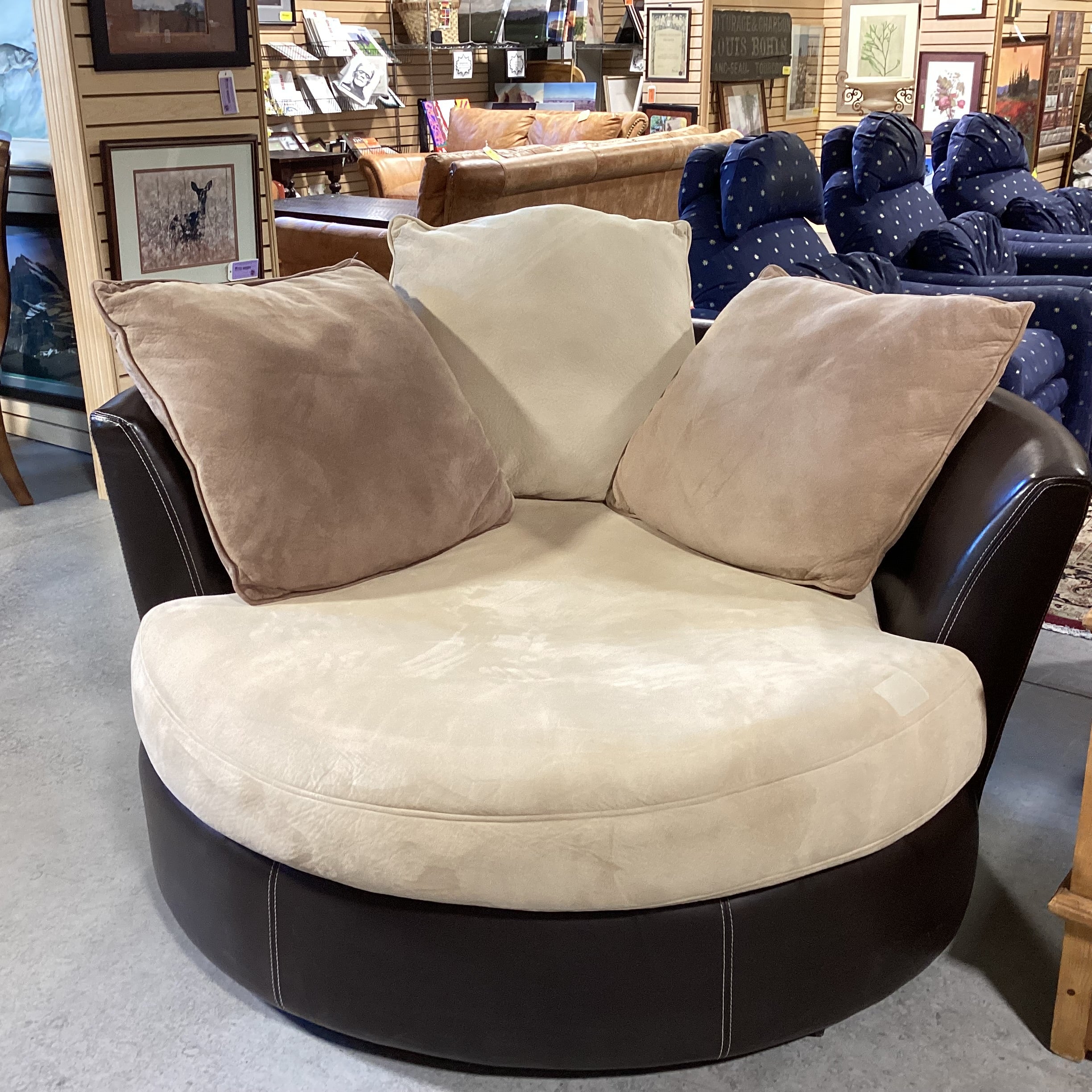 Beige Brown Micro Suede & Dark Brown Faux Leather Swivel Cuddle Chair 58"x 56"x 29"