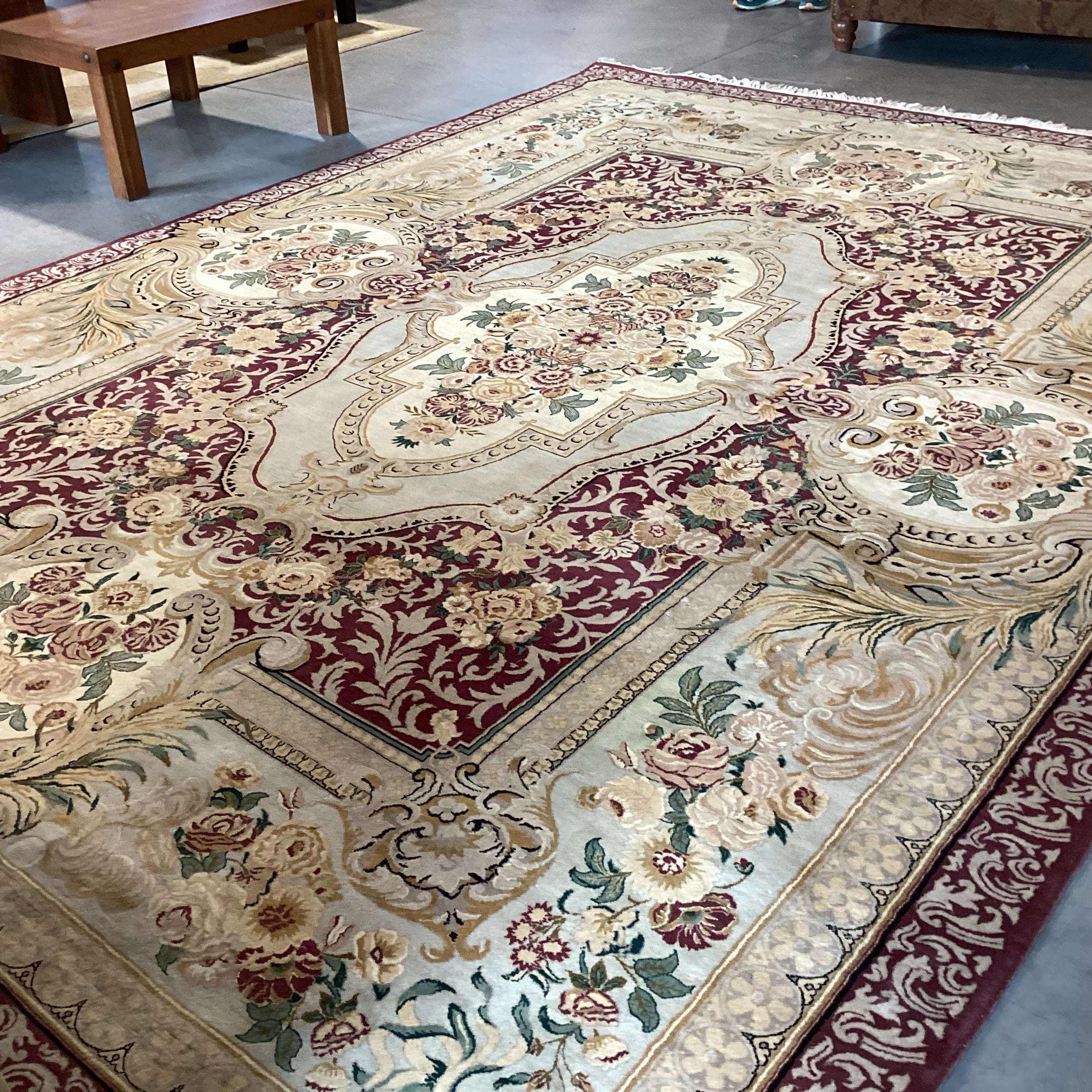 Cream Gold Burgundy & Green Floral Woven Wool Rug 10' x 14'