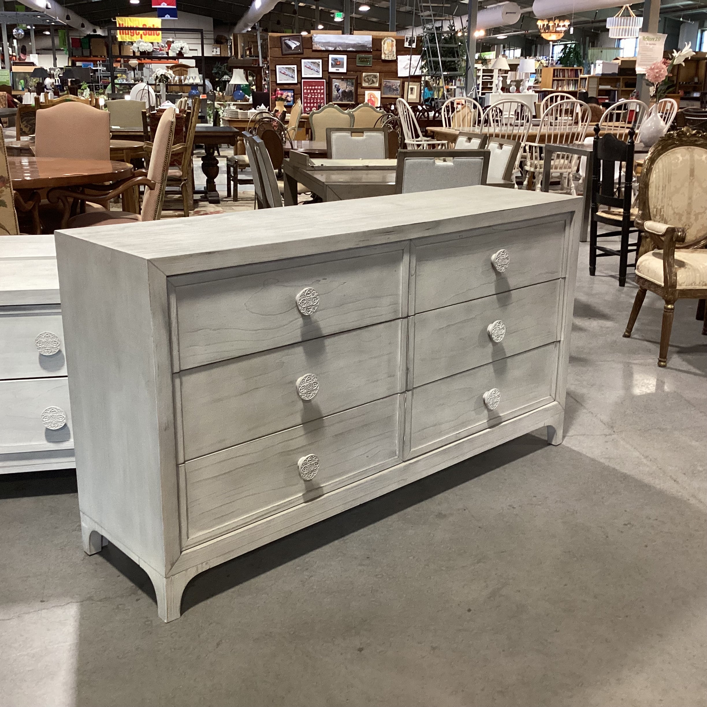 Bohemia White Washed Wood with Carved Mandala Pulls 6 Drawer Dresser 66"x 18"x 36"