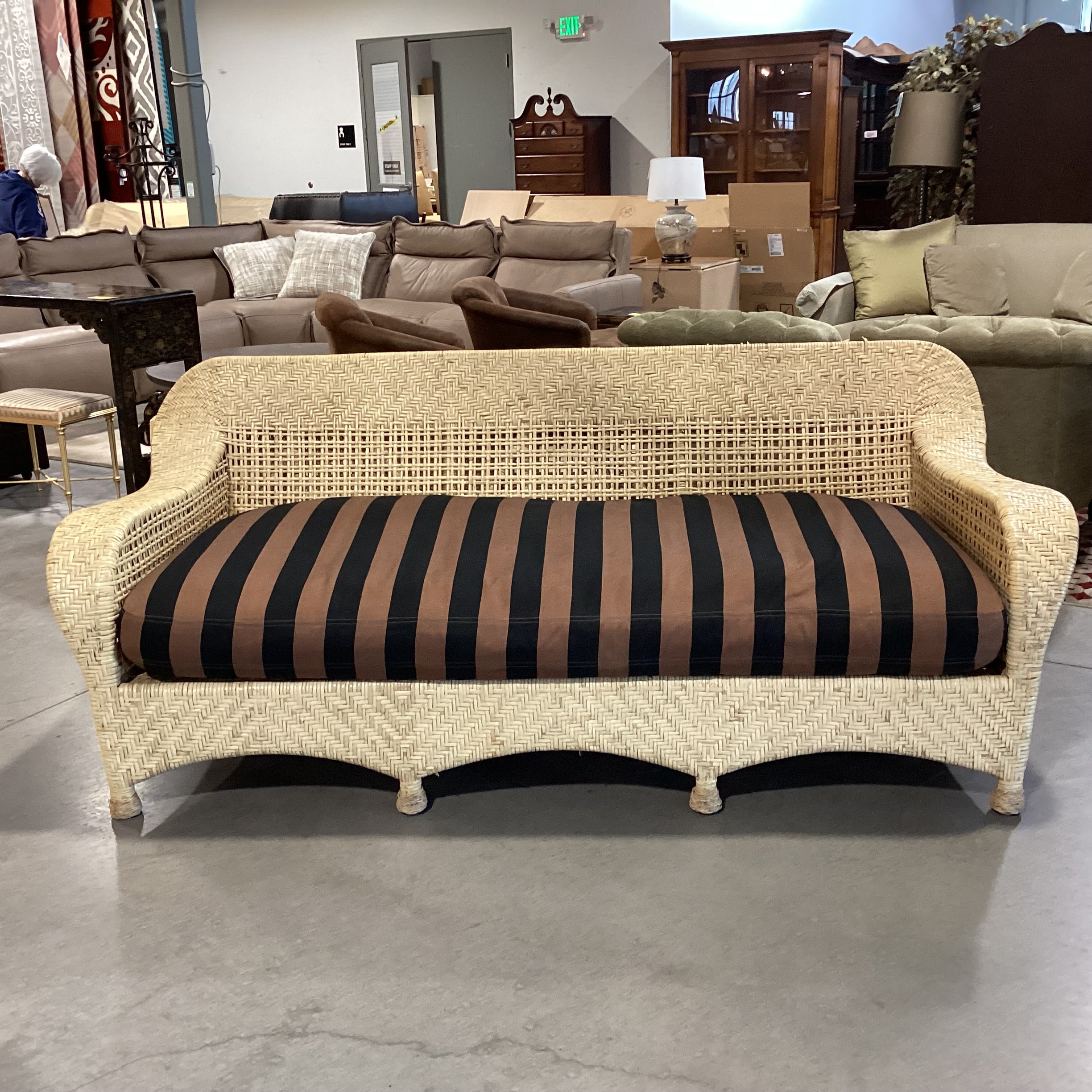 Rattan Wicker & Black & Brown Stripe Down Cushion Sofa 85"x 44"x 33"