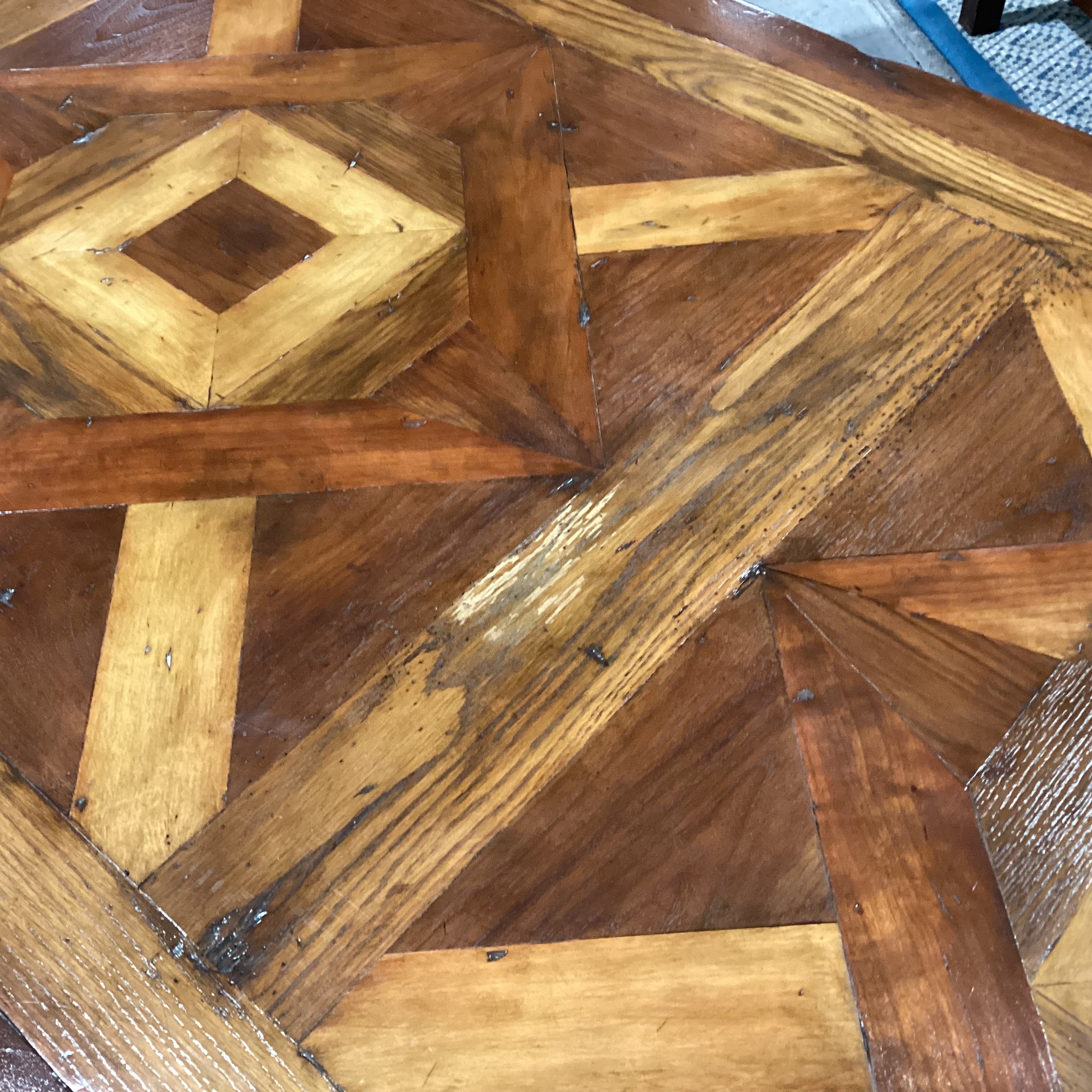 Rustic 2 Tone Finish with Inlay Design Top & Trestle Coffee Table 71.5"x 39.5"x 19.5"