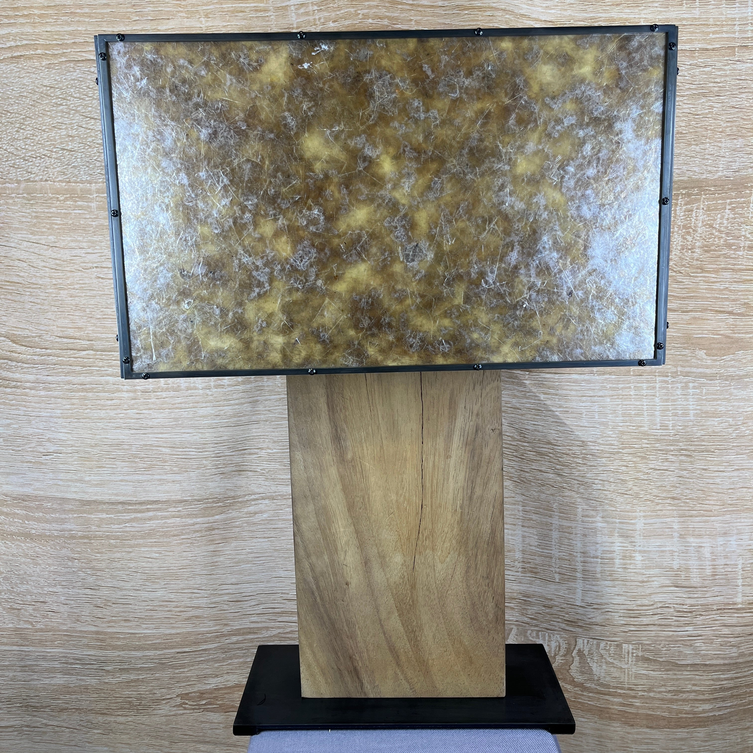 Custom Made 2-Light Iron and Light Finish Wood Base with Large Rectangular Iron and Mica Shade Table Lamp 20.5"x 8"x 27"