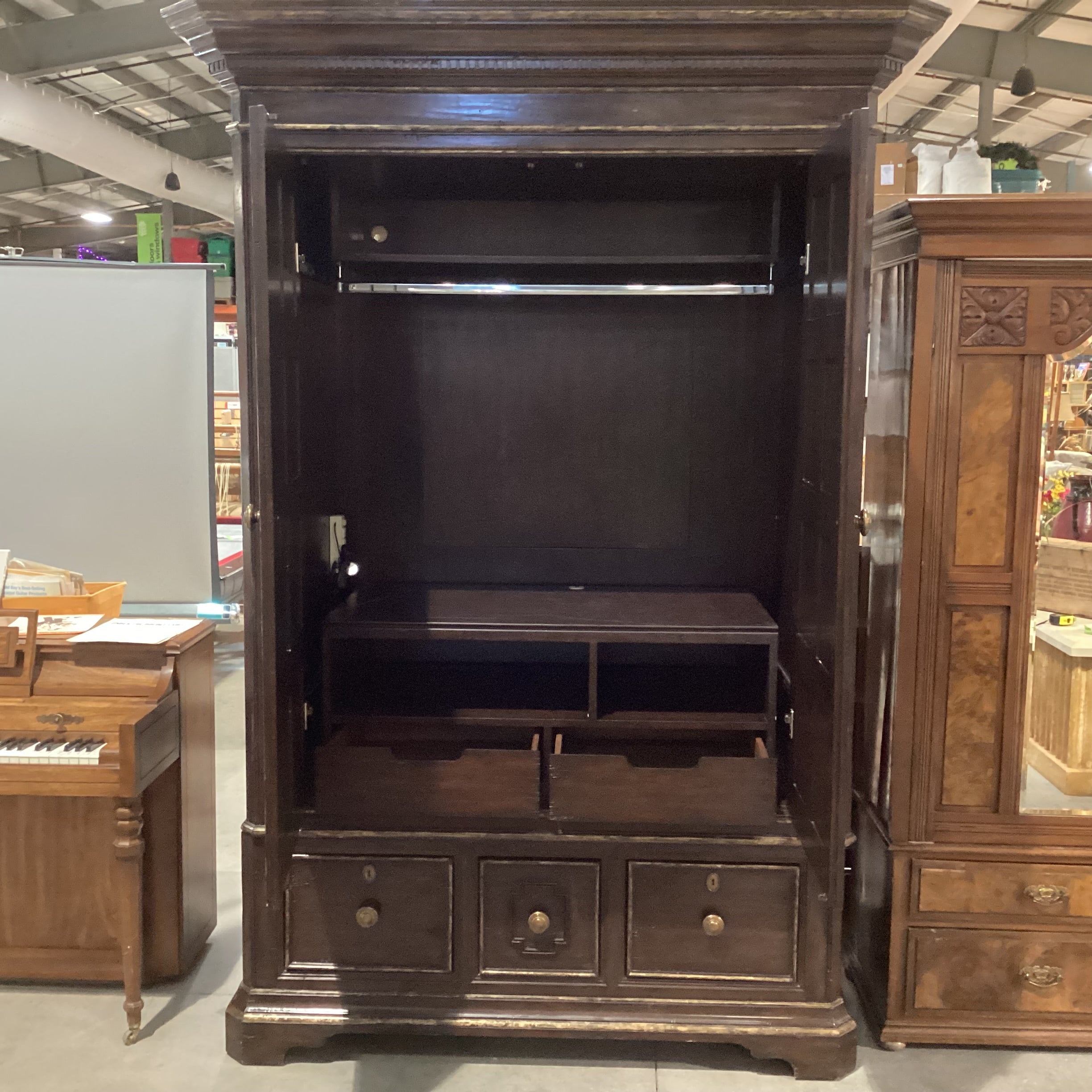Marge Carson Dark Distressed with Brushed Gold Carved Wood Brass Pulls 5 Drawer 2 Door Wardrobe Armoire 64"x 32"x 94"