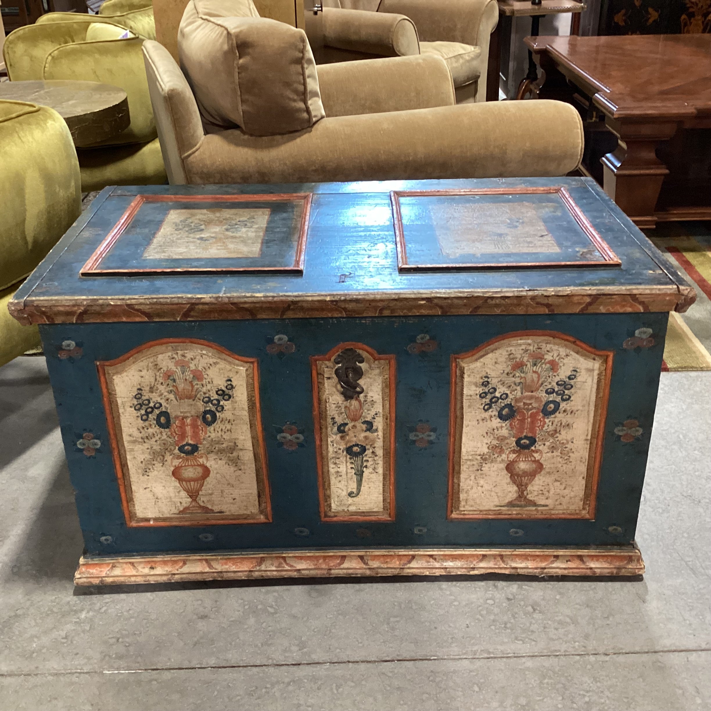 Antique Carved Wood with Hand Painted Floral Panels Trunk 42"x 25"x 23.5"