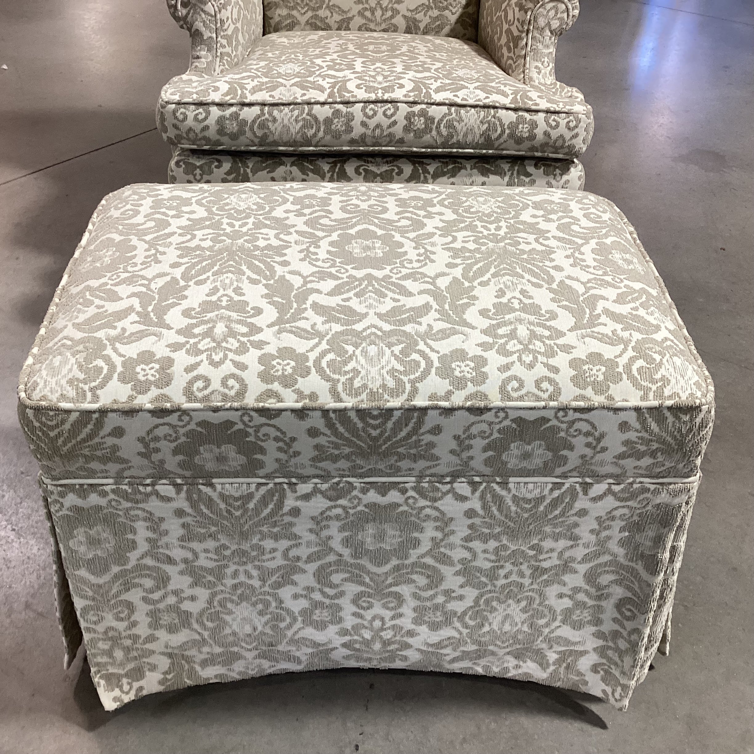 Sickles Custom Upholstery Cream & Raised Taupe Floral with Ottoman Wing Chair 33"x 34"x 43"