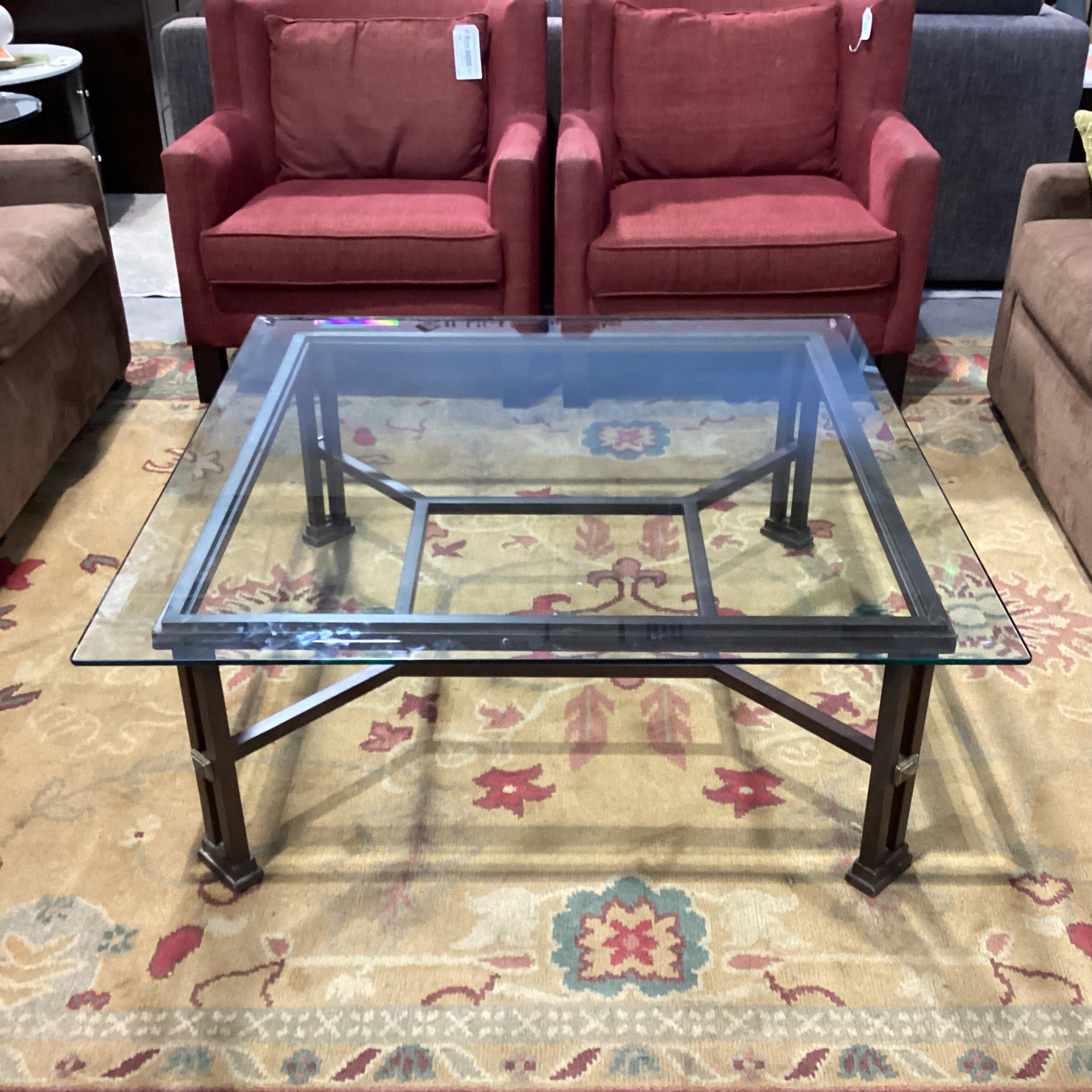 Iron with Bronze & Gold Detail Glass Top Coffee Table 45"x 45"x 17.5"