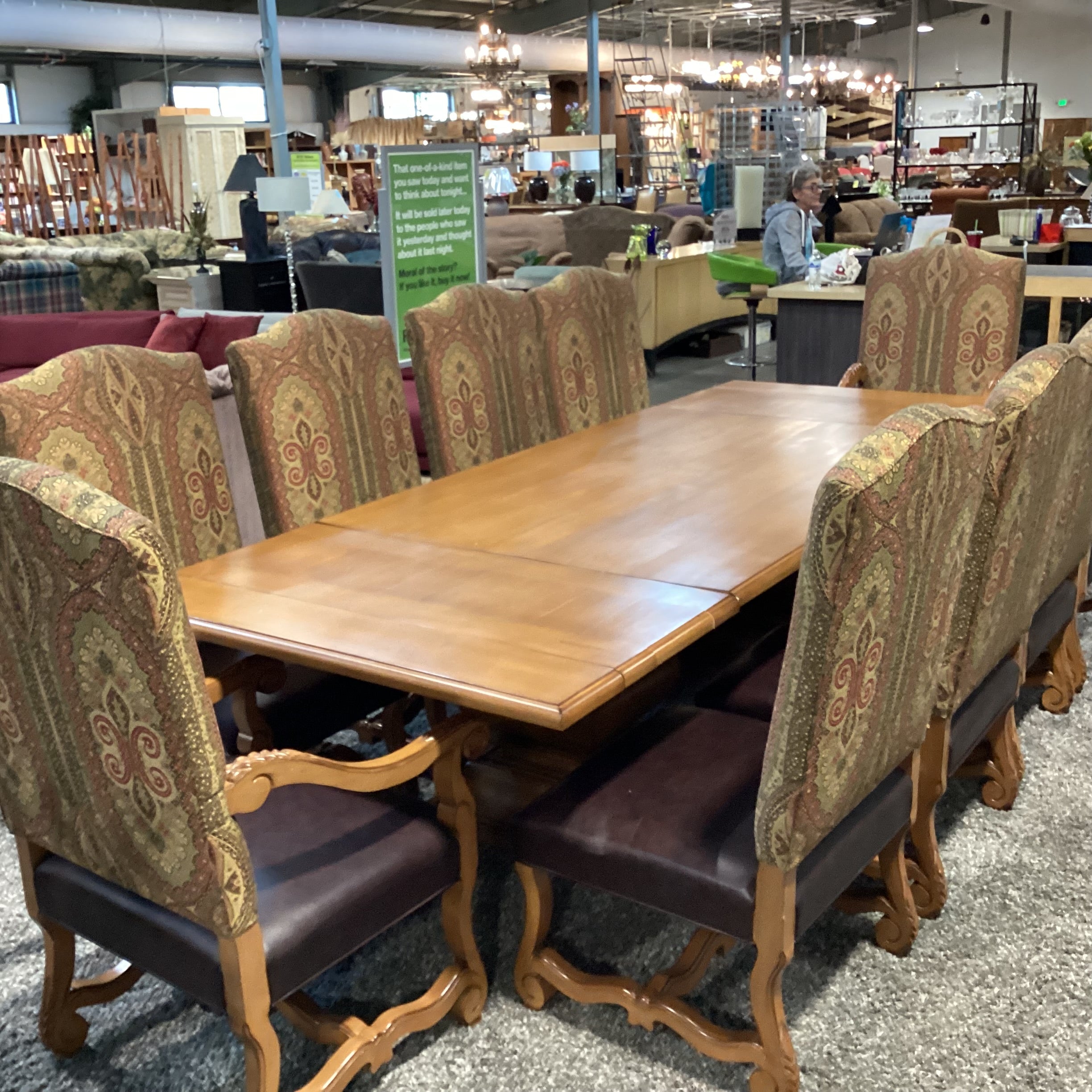 Custom Solid Wood 2 End Extend Leaves Double Pedestal Table with 10 Chairs Dining Set 120"x 48"x 30.5"