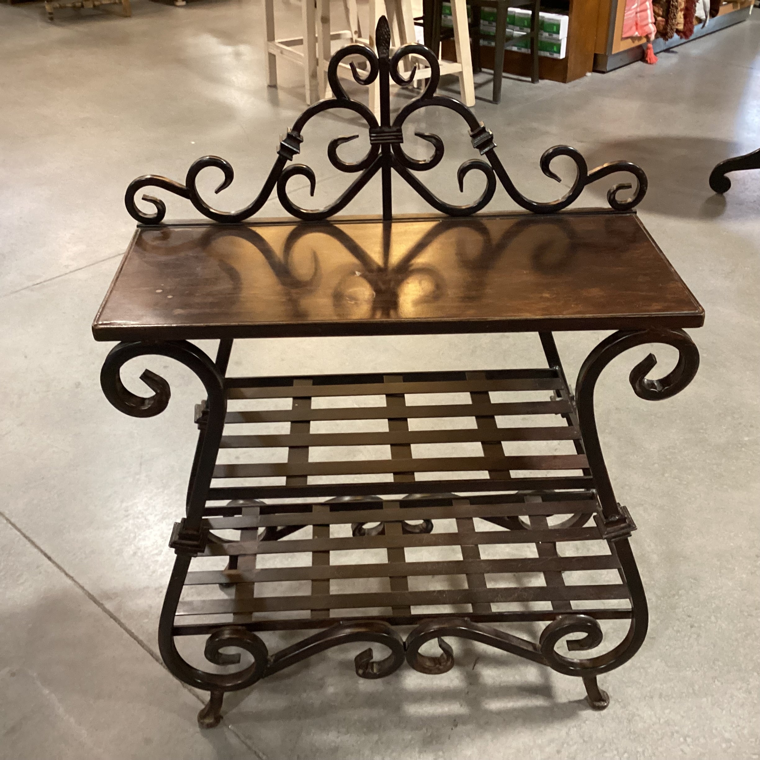 Ornate Iron & Wood with Shelves Accent Table 29"x 13"x 40"