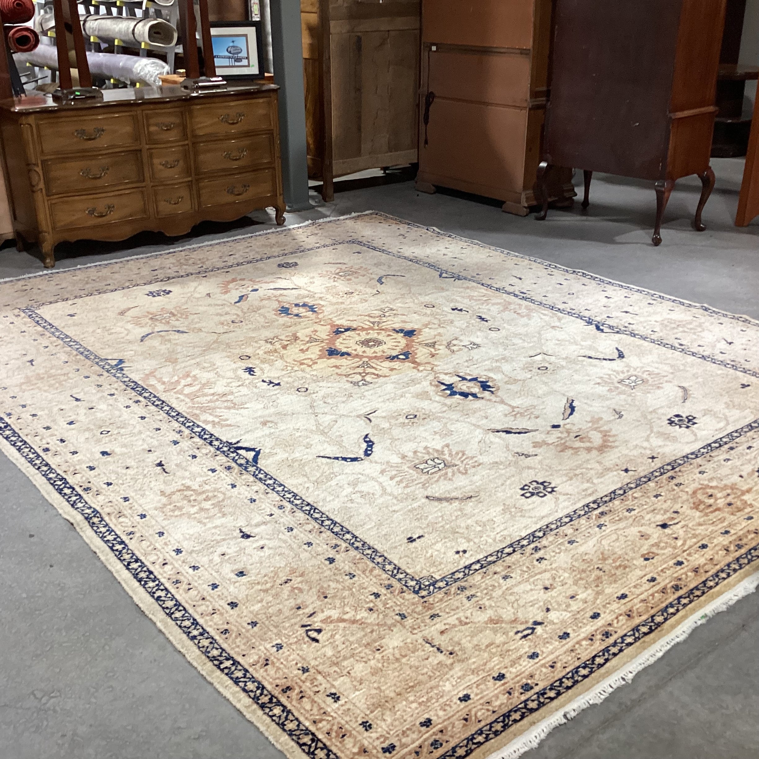 Cream Tan Blue Hand Woven Wool Rug 10' x 12" 9"