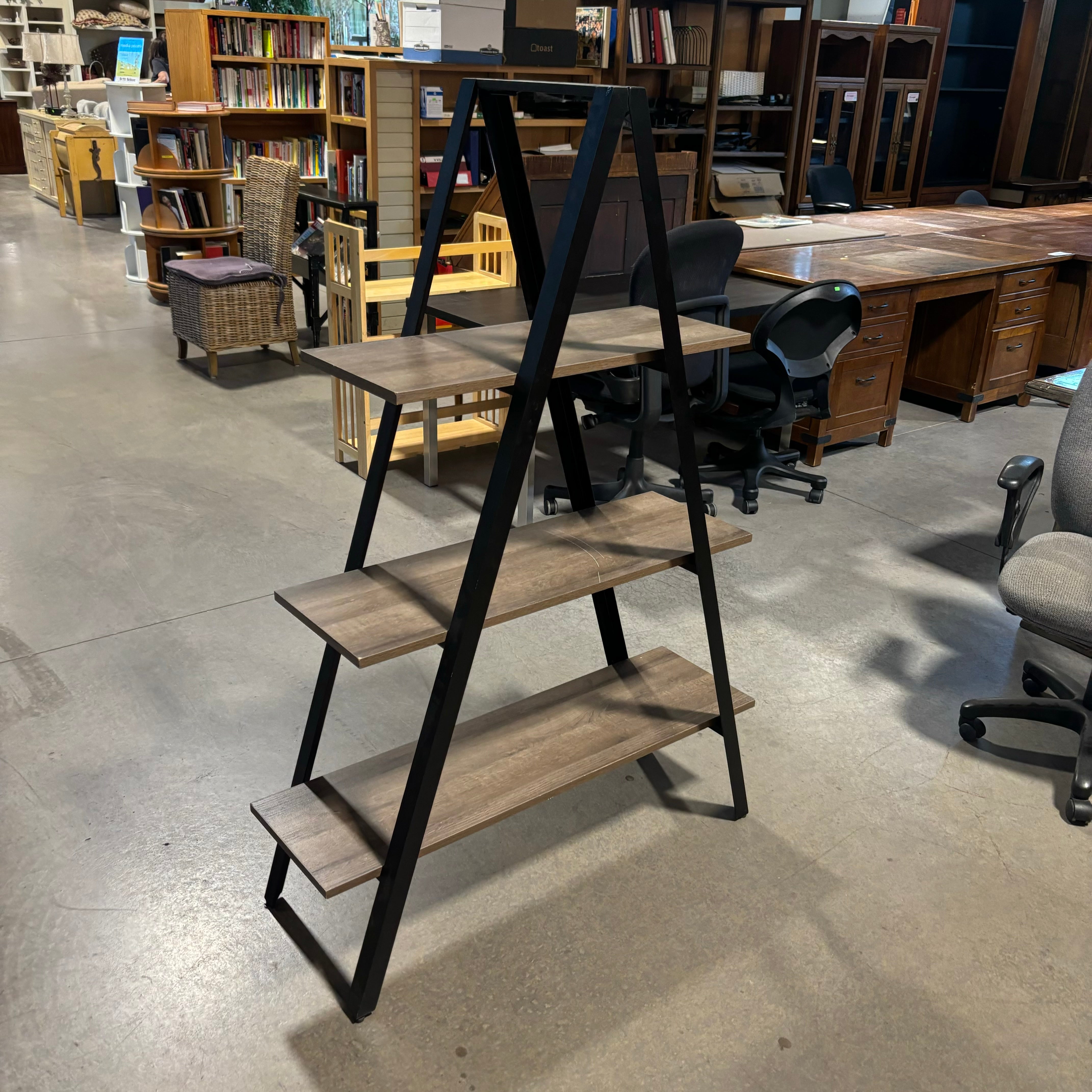 Grey Wood Style Laminate & Black Steel 3 Tiered Triangular Bookshelf 42"x 15"x 60"