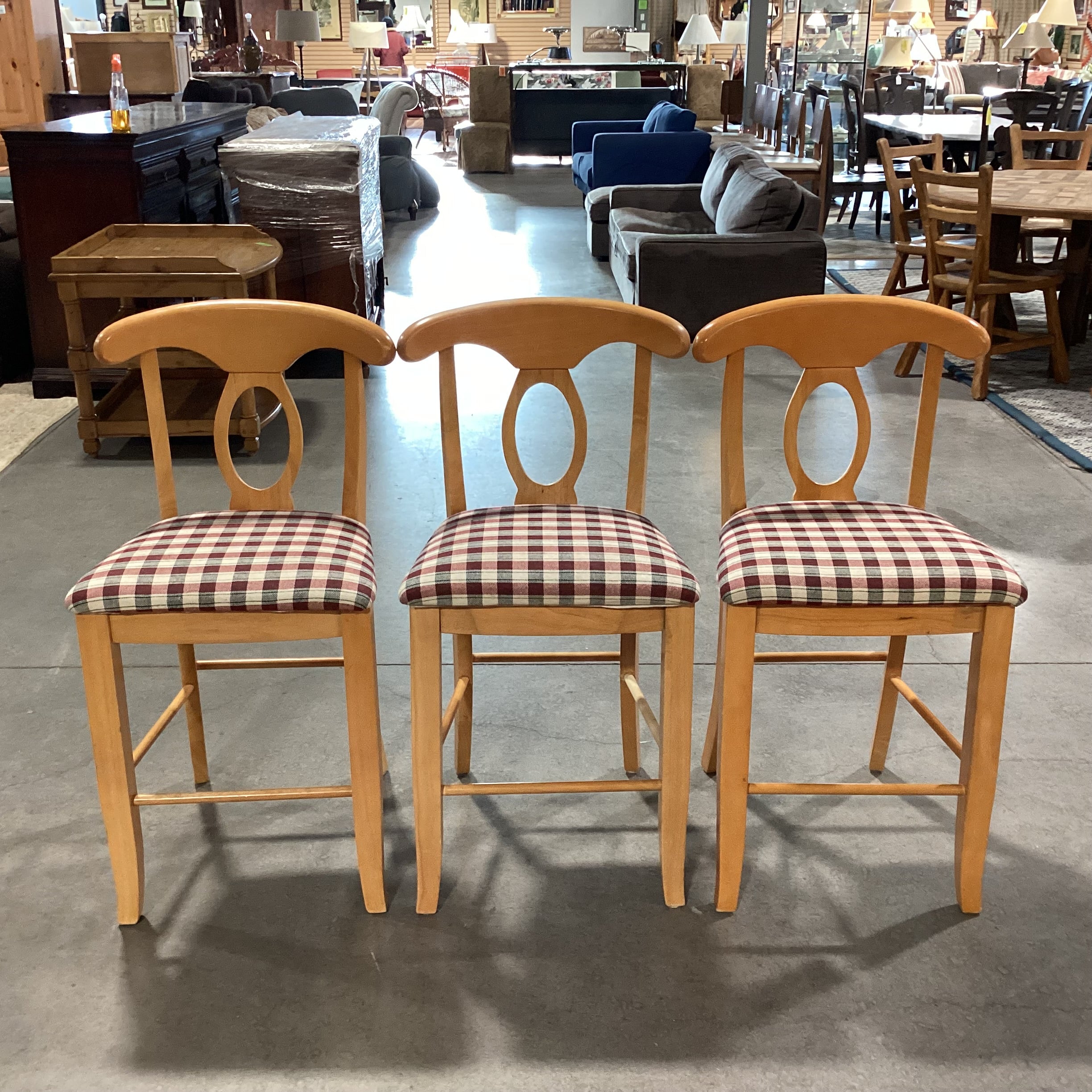 SET of 3 Pottery Barn Pine Napoleon Keyhole Back & Plaid Seat Barstools 25"