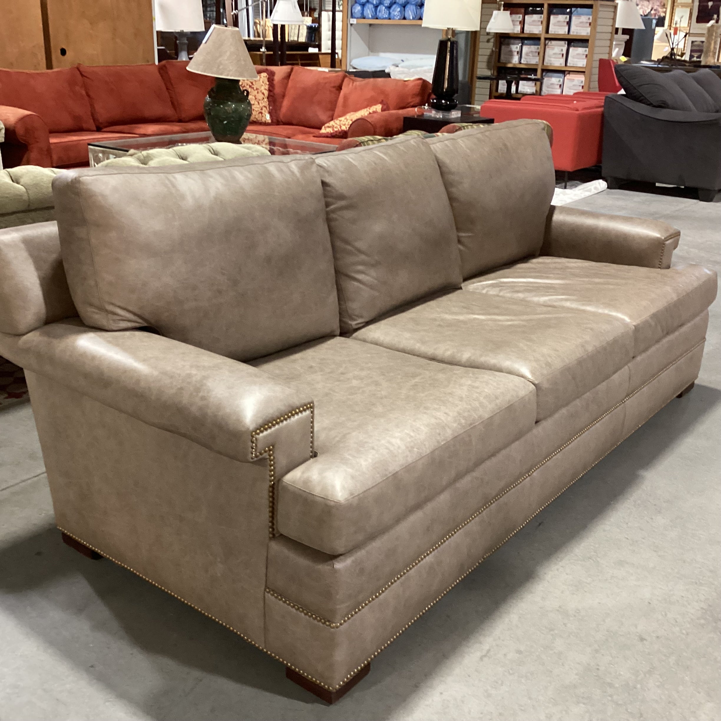 Hancock & Moore Chelsea Distressed Taupe Leather Nailhead Key Style Arm Sofa 92"x 42"