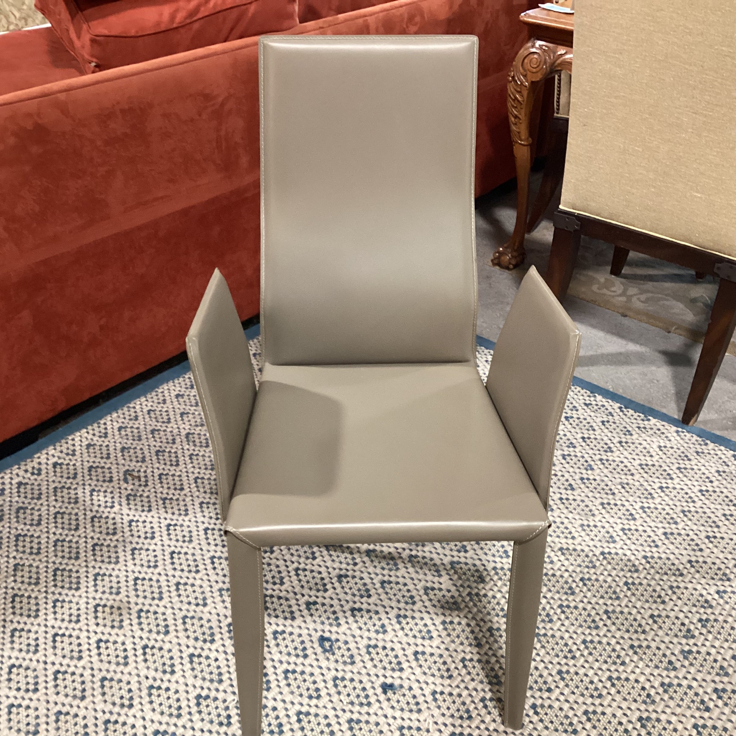 Modern Simulated Wood Grain Finish & Glass Table with 6 Taupe Regenerated Leather Wrapped Chair Dining Set 71"x 39"x 30"