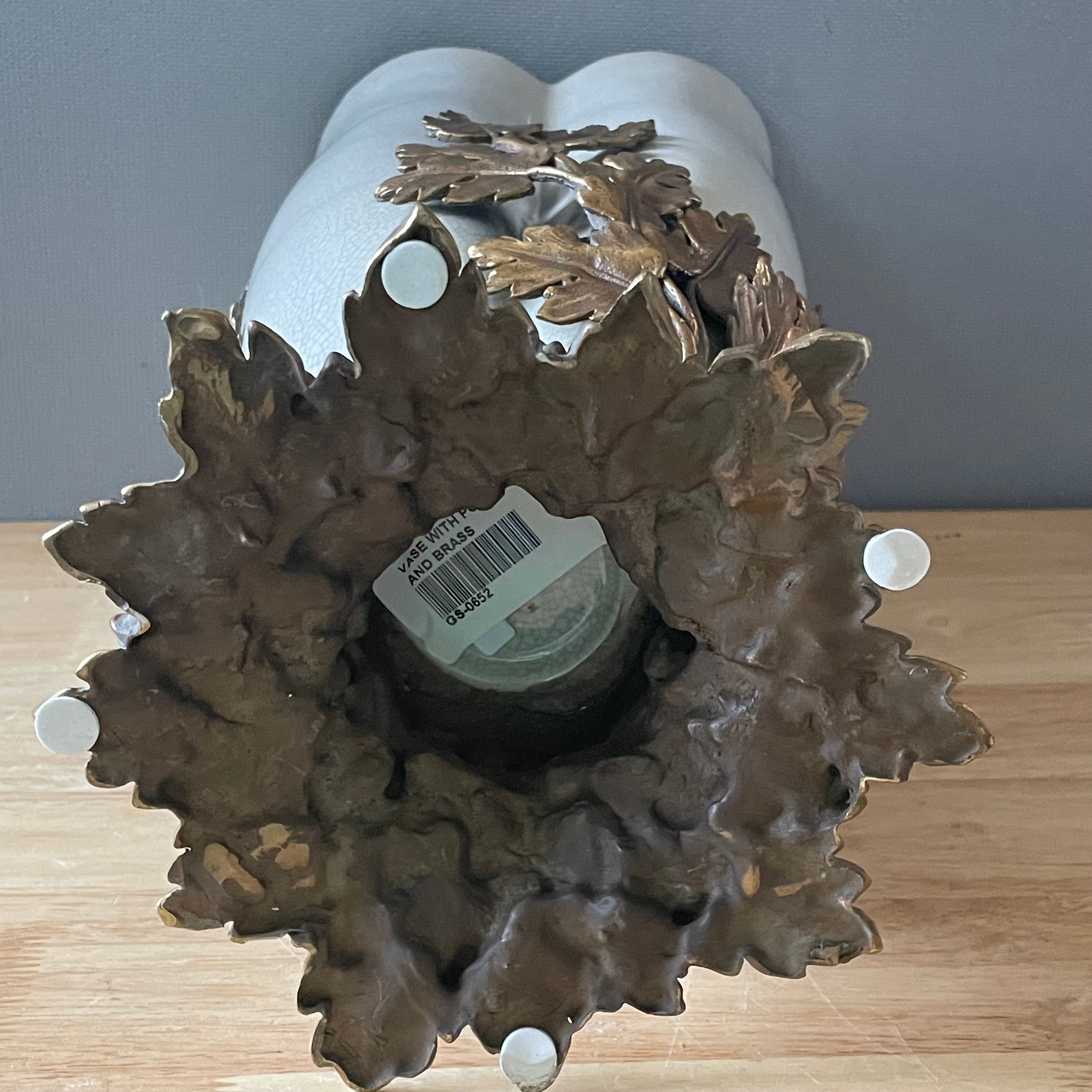 Porcelain Crackle Glazed, Brass Acanthus Leaves Design Base Vase/Plinth, 8.5"x 15.5"