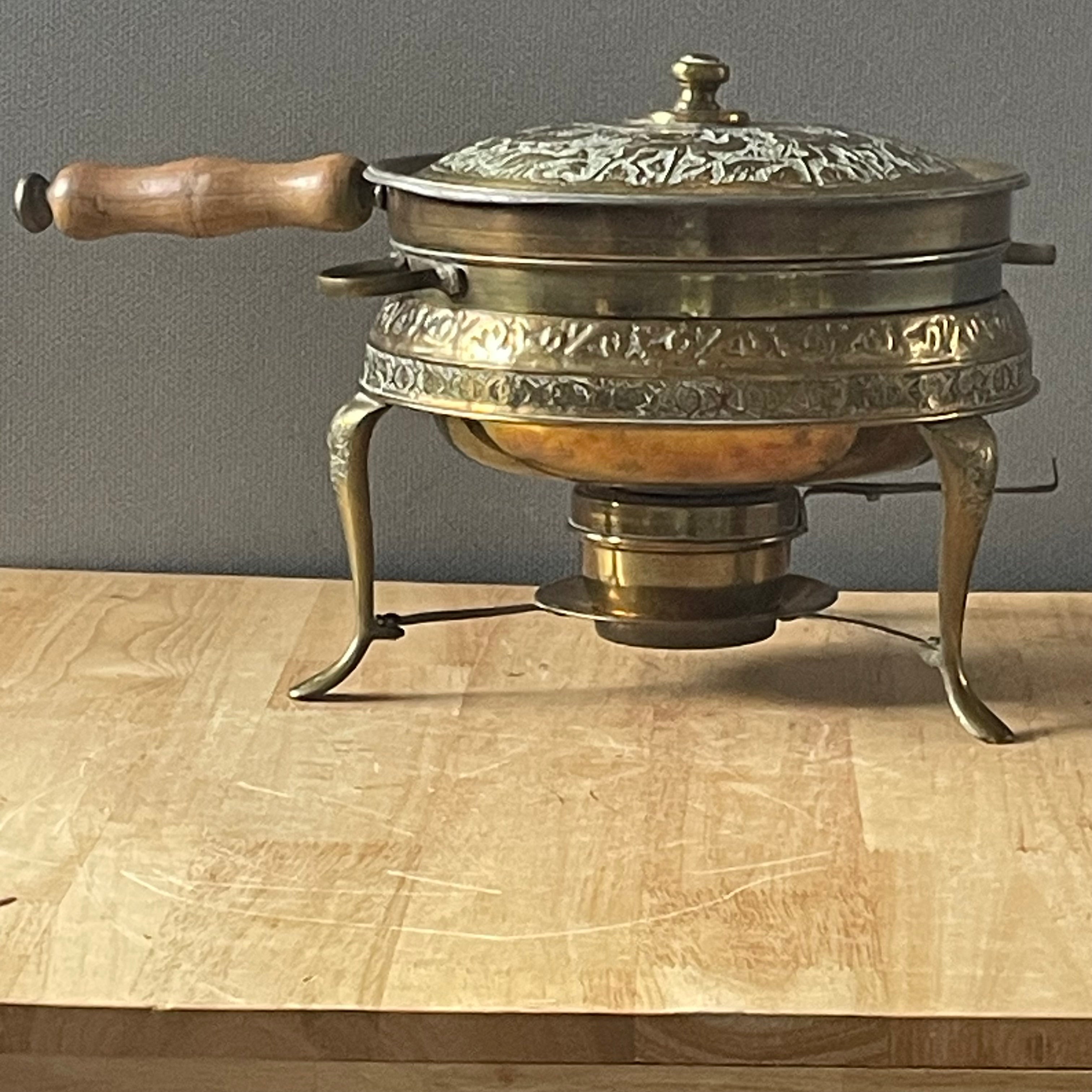 Vintage Persian 1950's Brass Embossed Camel Caravan Design Warming Dish, 15.5"x 9"