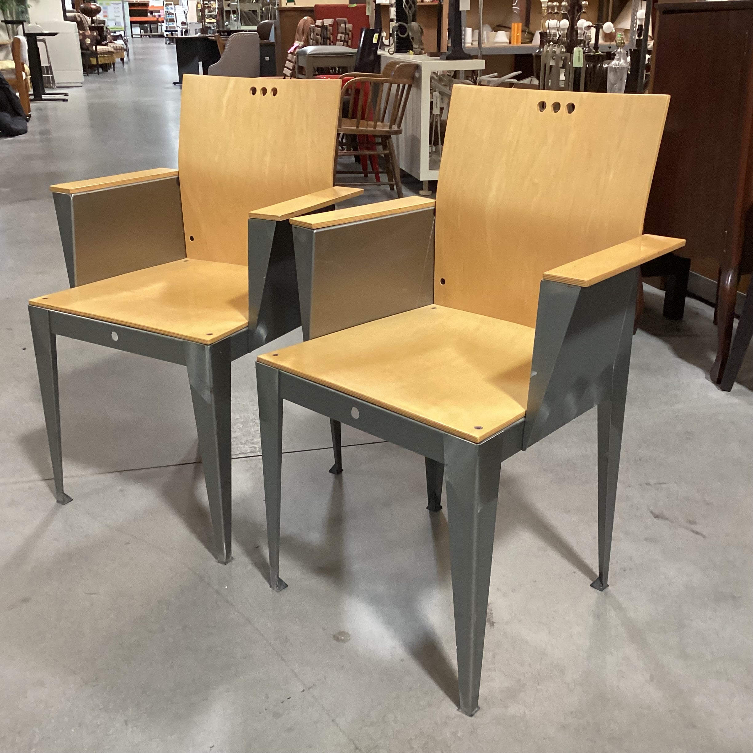 SET of 2 Bruce Sienkowski Maple & Stainless Eli Arm Chairs 24"x 19"x 34"