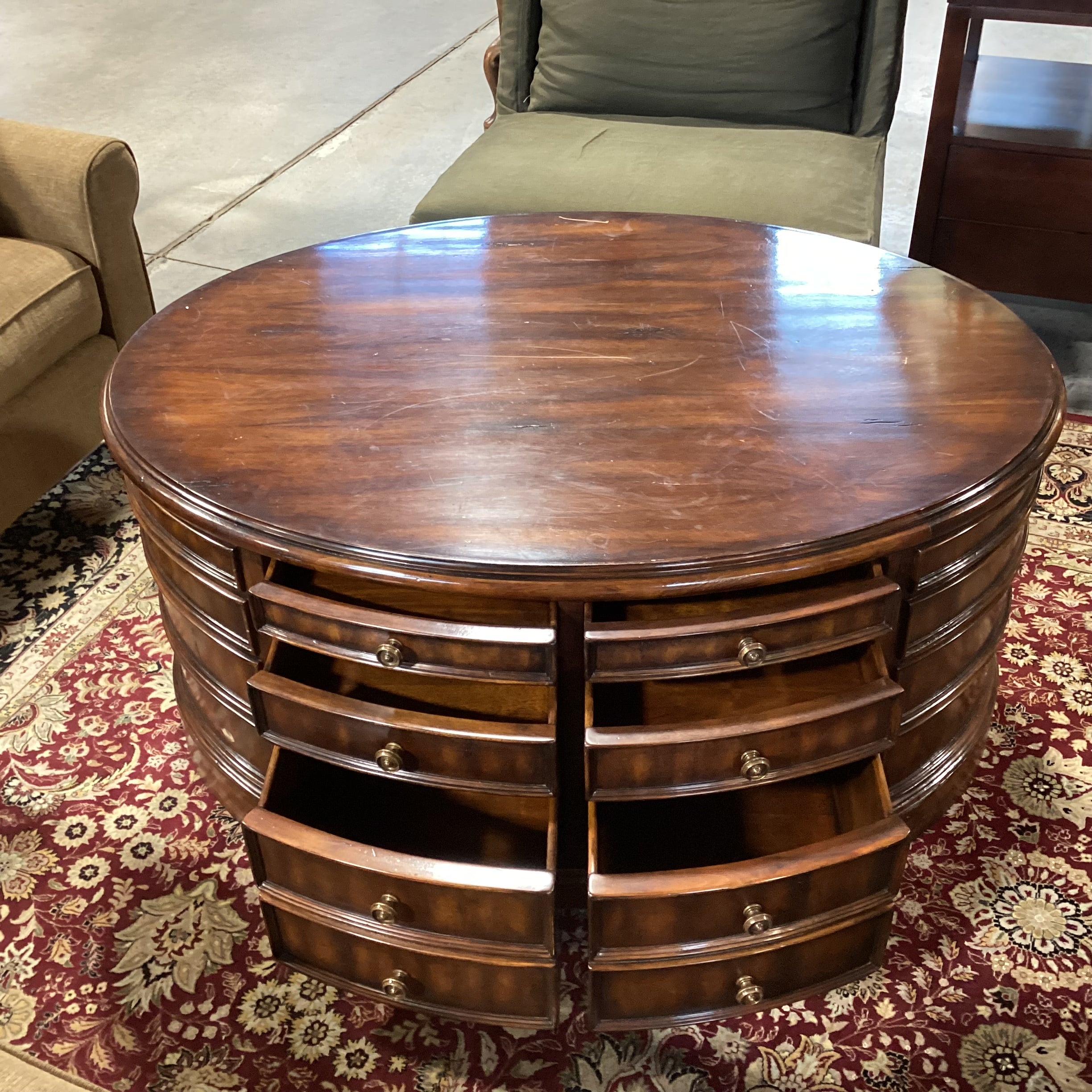 Theodore Alexander Style Oval Dark Finish 10 Drawer Coffee Table 48"x 36"x 23"