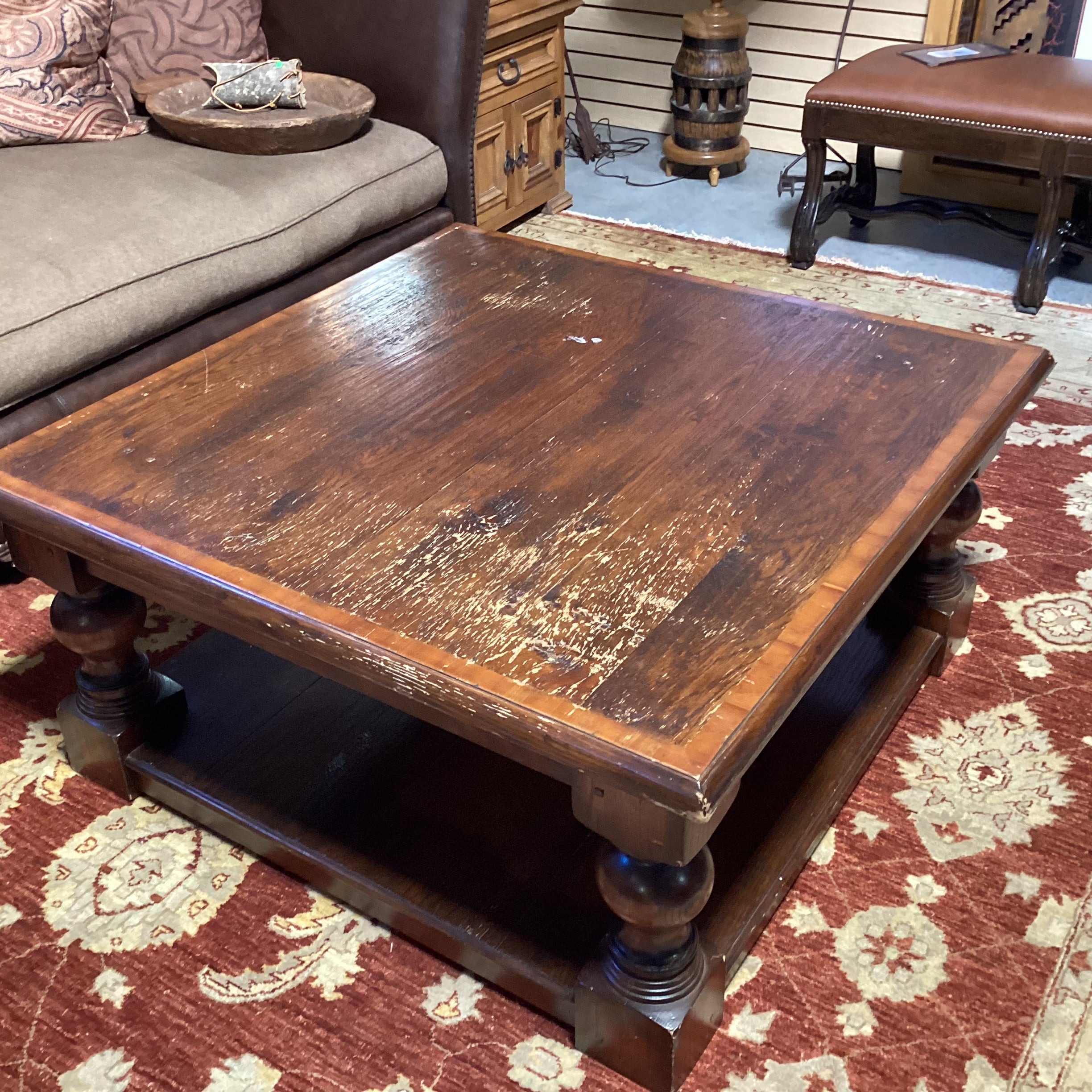 Solid Distressed Carved Wood with Bottom Shelf Square Coffee Table 42"x 42"x 20"