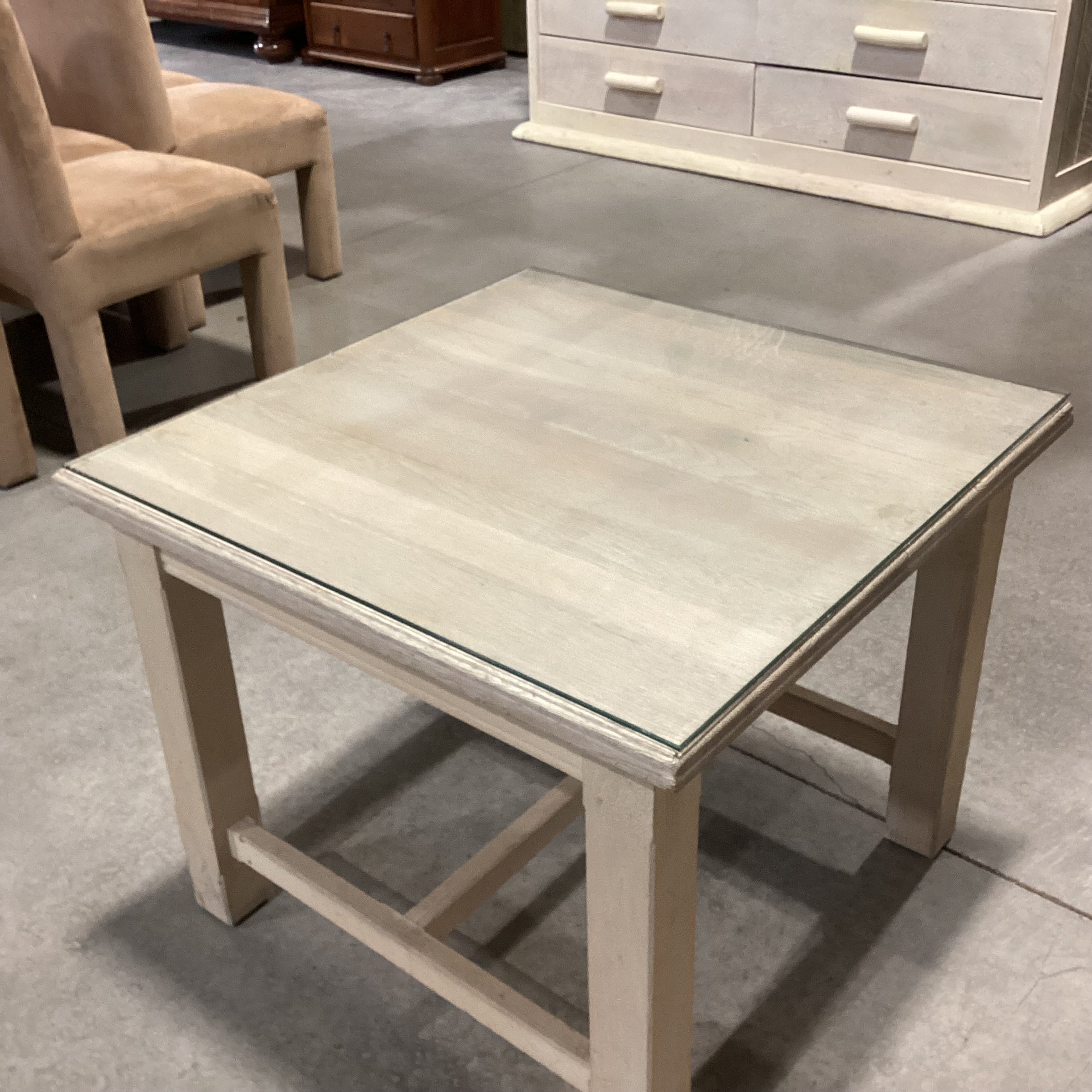 Natural Washed Wood with Glass Top End Table 30"x 30"x 19"
