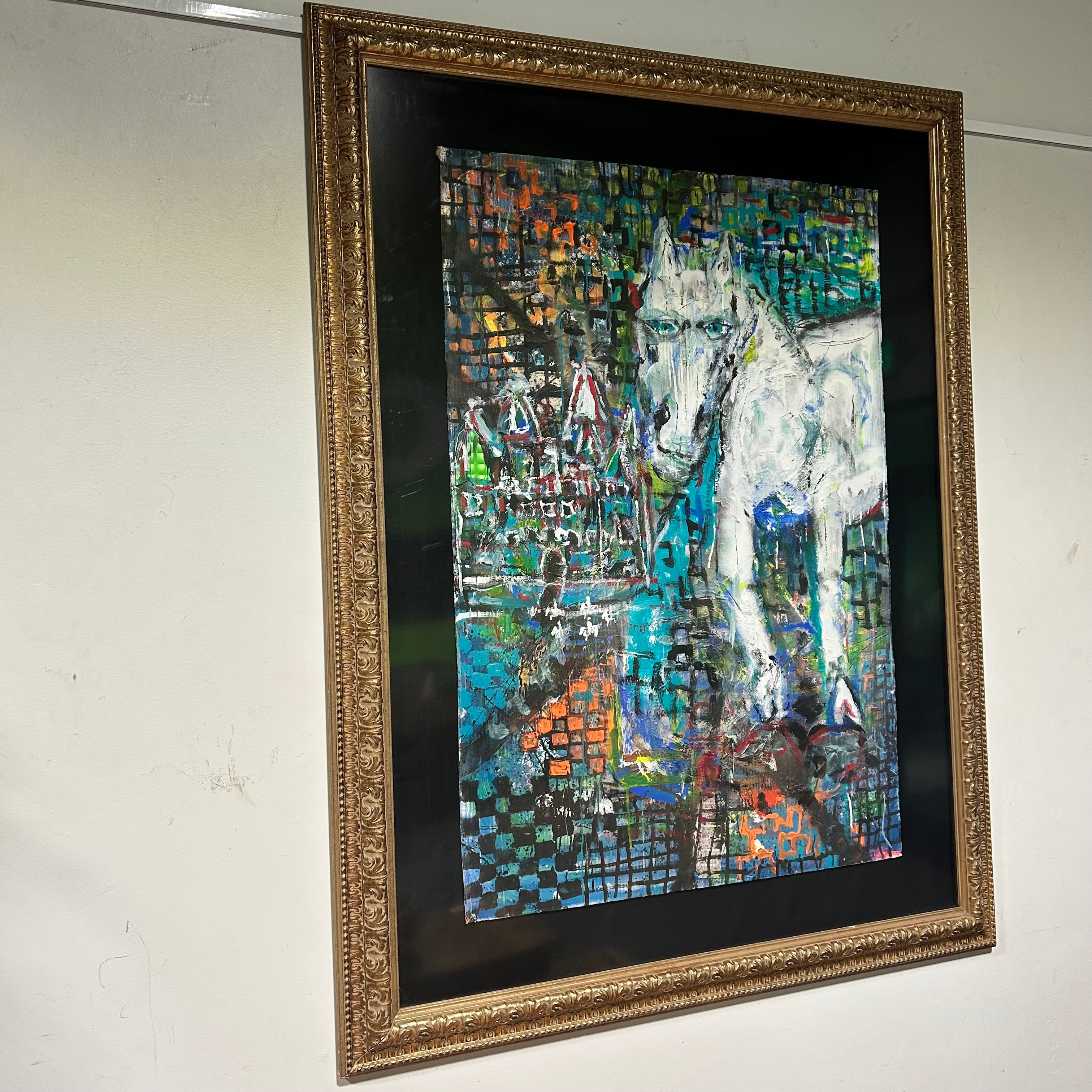 Large Mixed Media Abstract  Colorful White Horse And Castle 52"x 69"
