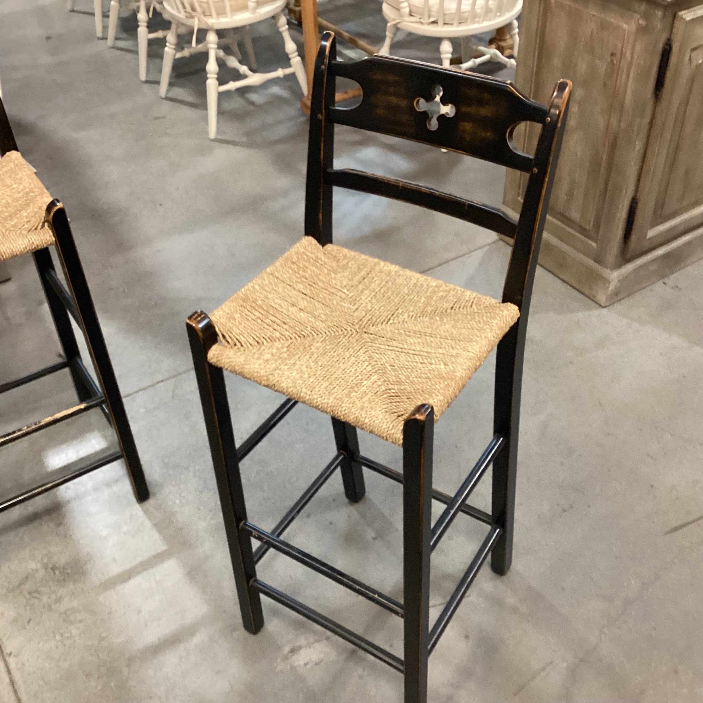 SET of 4 Wolf Diamond Point in Black Hand Sanded Maple Woven Seagrass Seat Barstools 30"