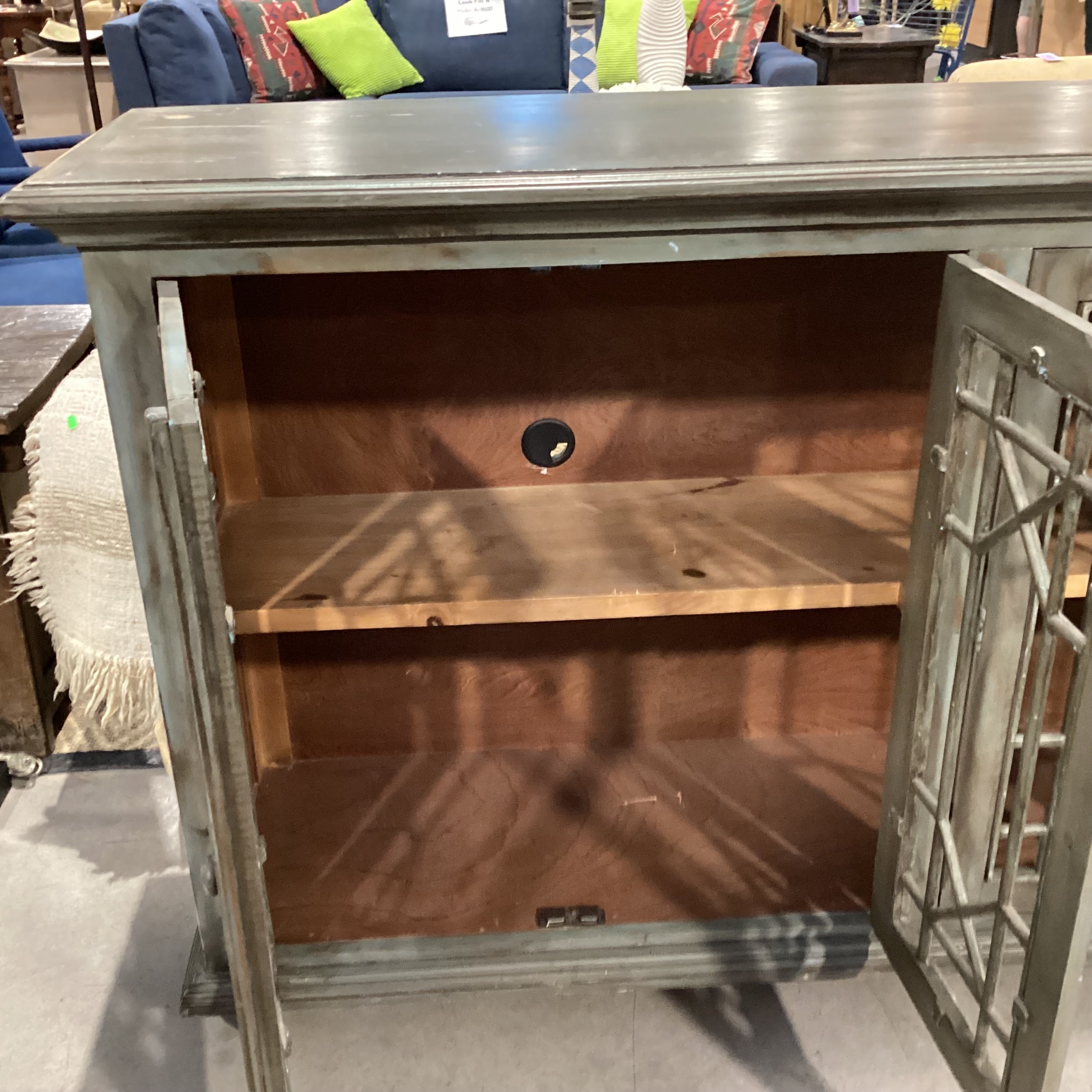 Green Washed Wood & Metal 4 Door with Shelves Console Credenza 71"x 18"x 42.5"