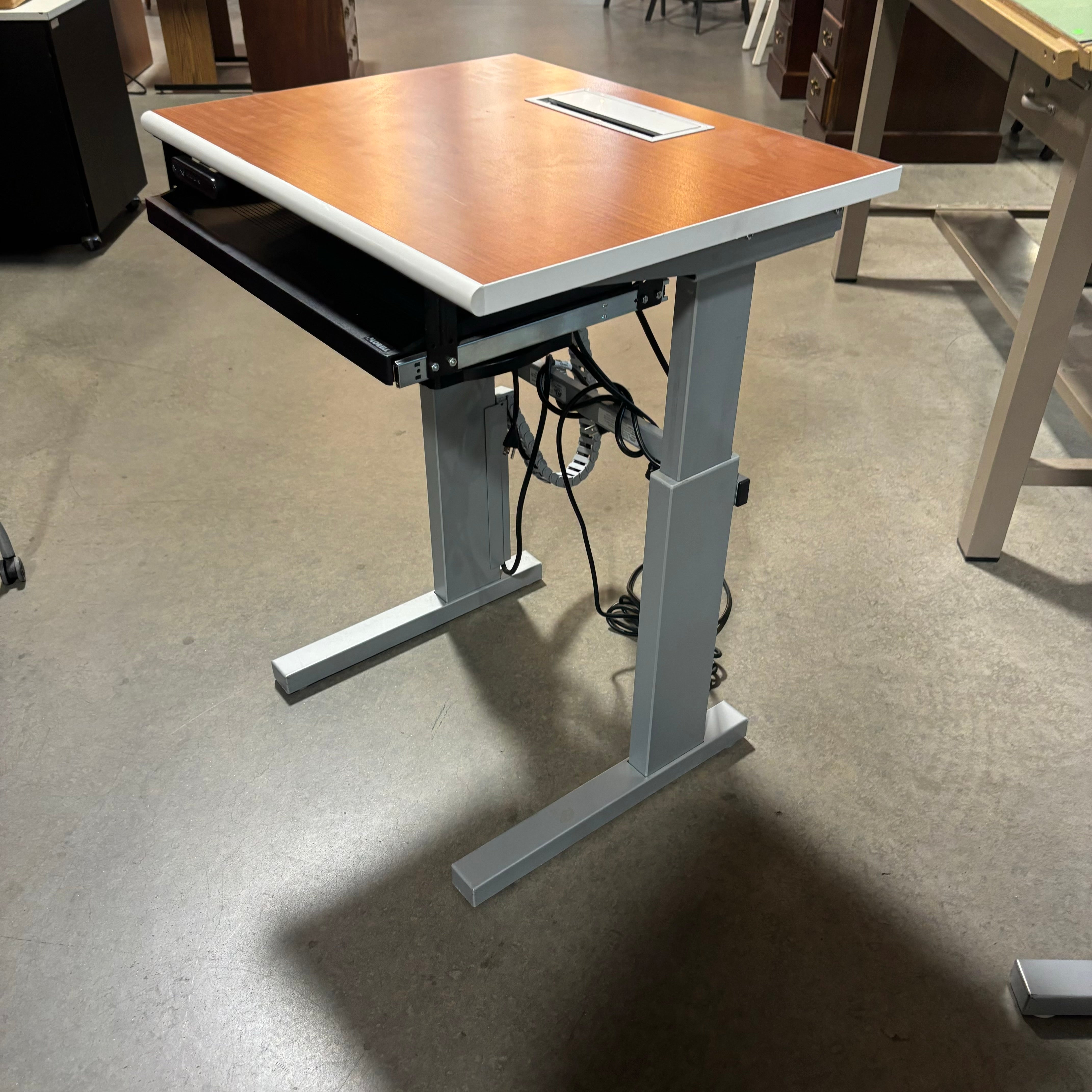 LINAK Dark Wood Veneer with Steel Base & Pullout Tray Adjustable Sit to Stand Desk 28"x 24"x 27" to 43"