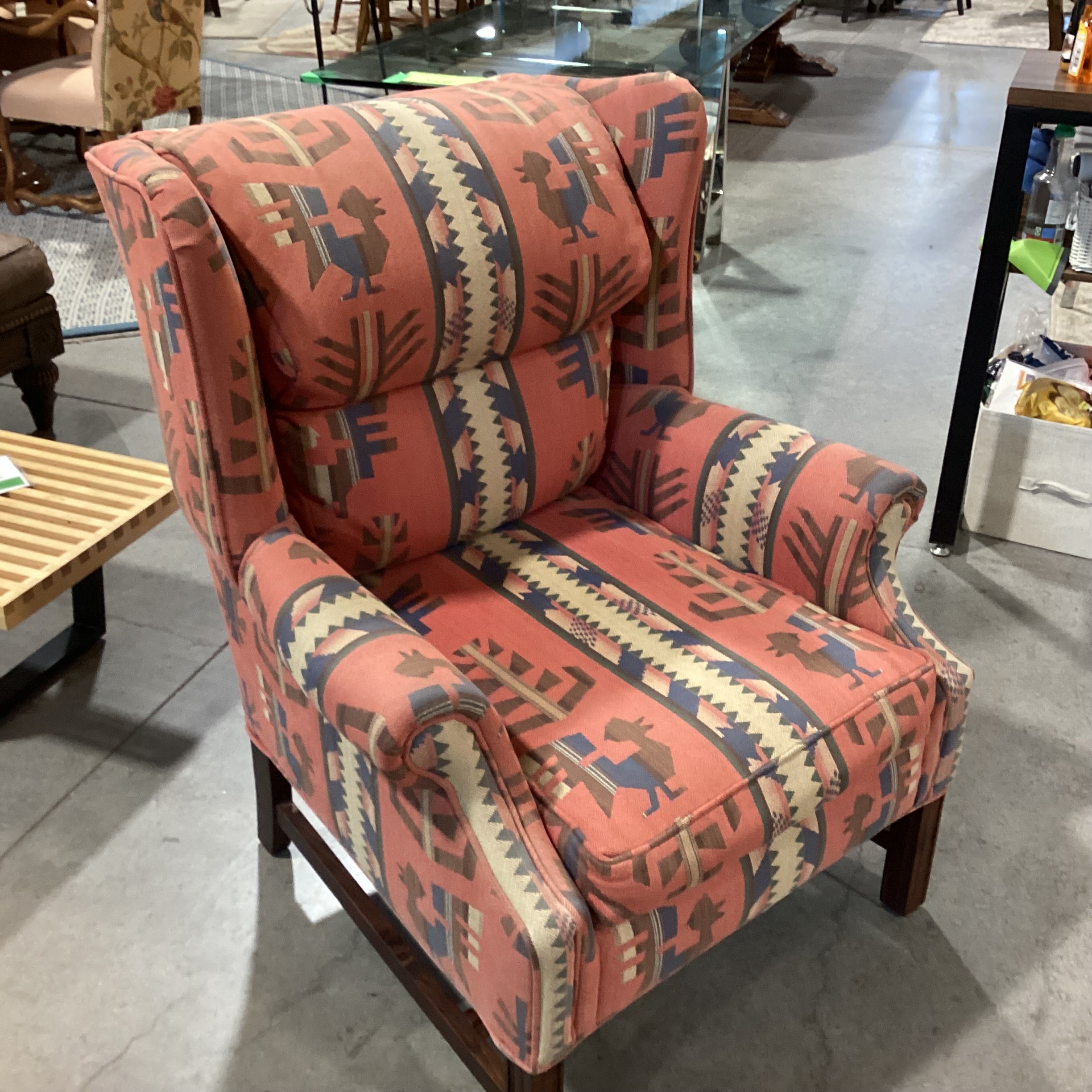 Red & Blue Southwest Woven & Wood Base Wing Chair 34"x 36"x 41"