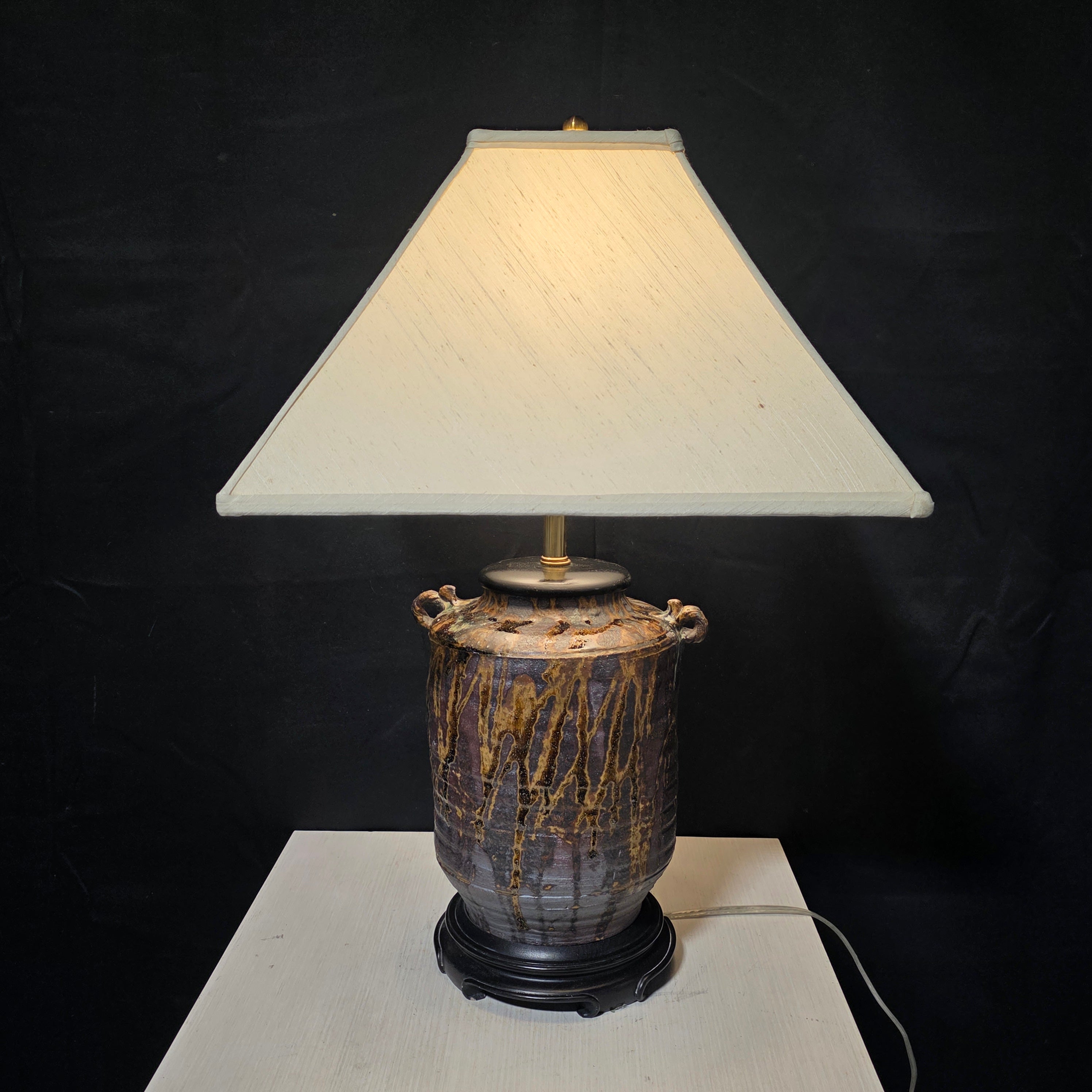 Raku Pottery Table Lamp with Square Shade 17"x17"x26"