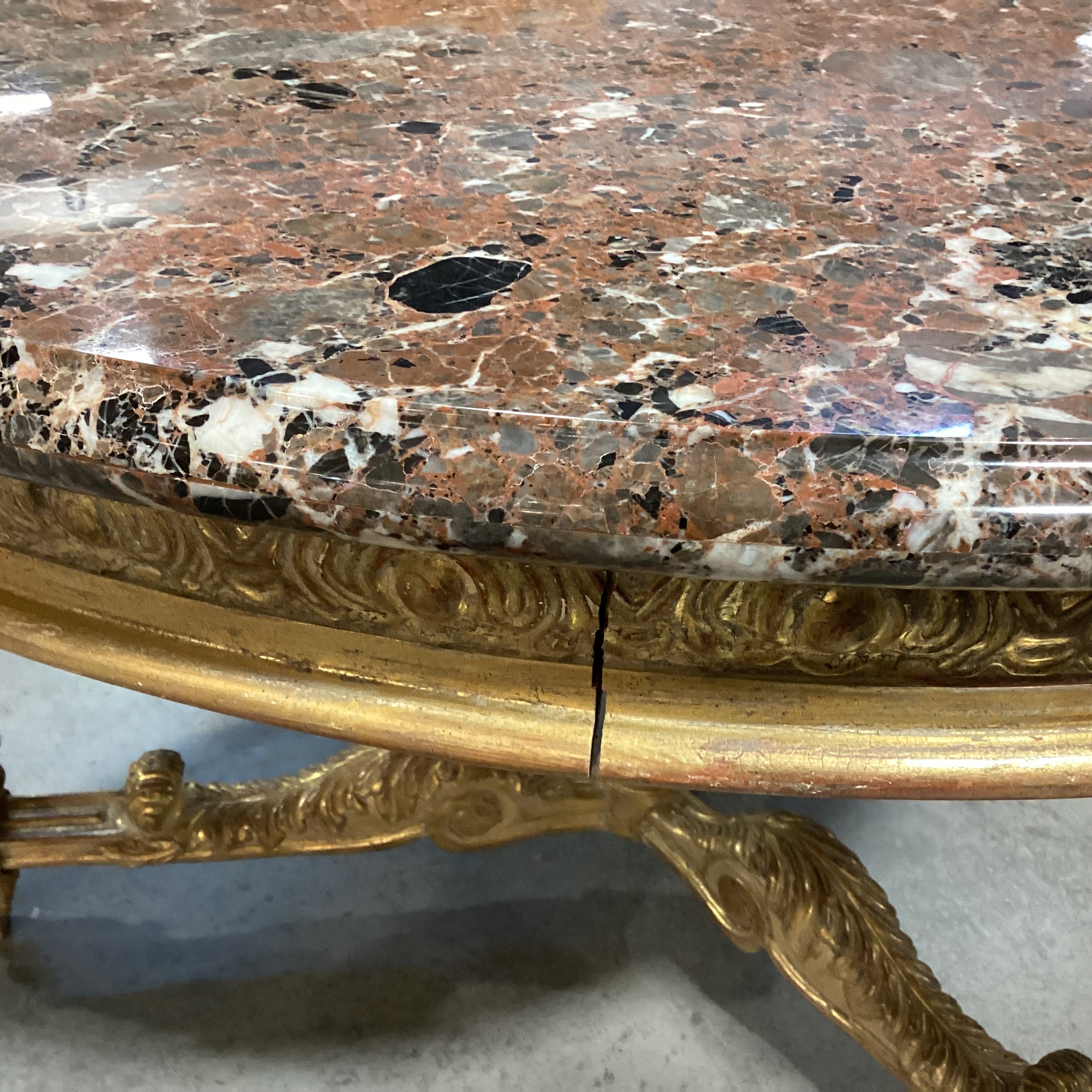 Antique Ornate Carved Gilded Wood & Breccia Marble Round Accent Table 52" Diameter x 33"