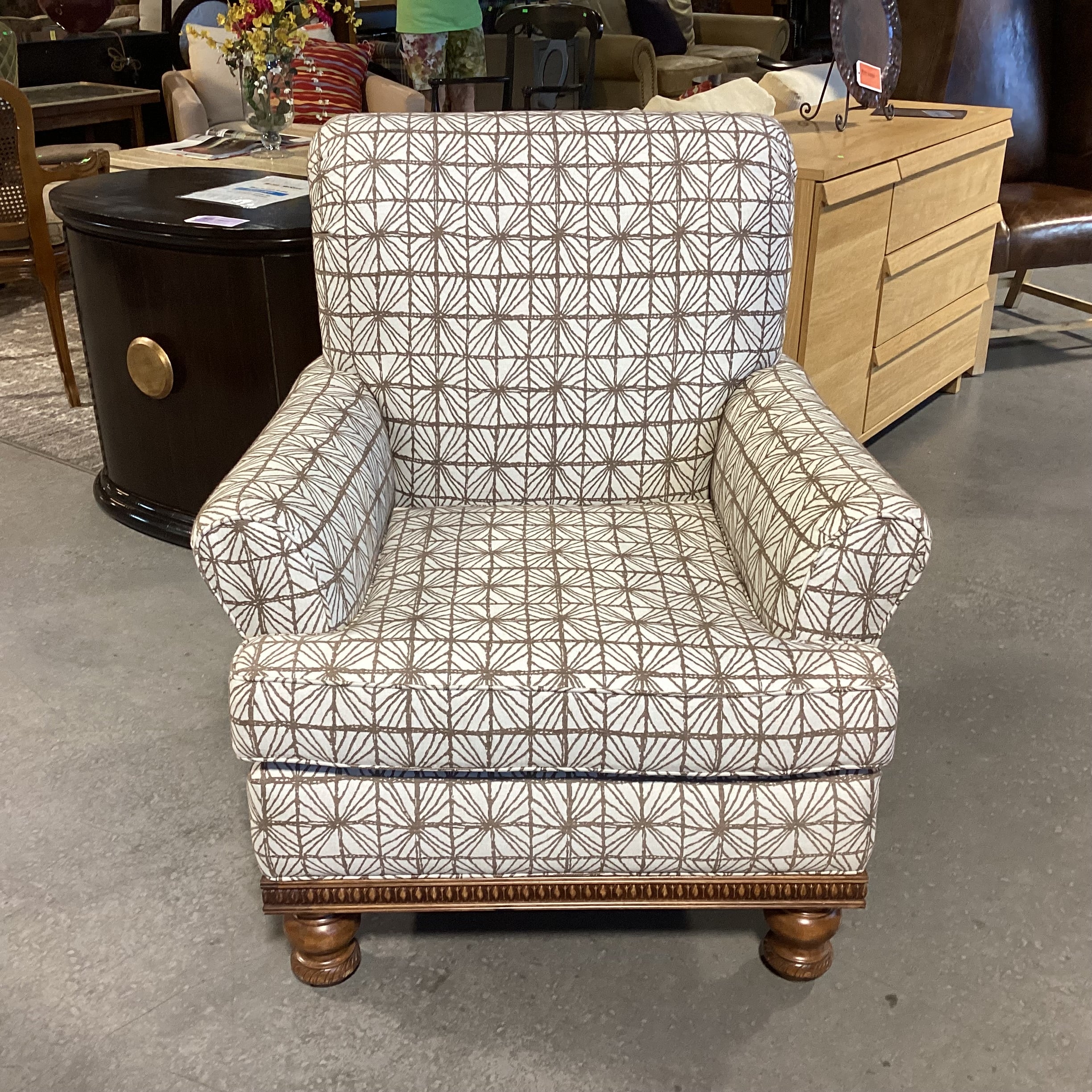 Ivory with Taupe Pattern Linen & Carved English Walnut Finish Chair 36"x 36"x 39"