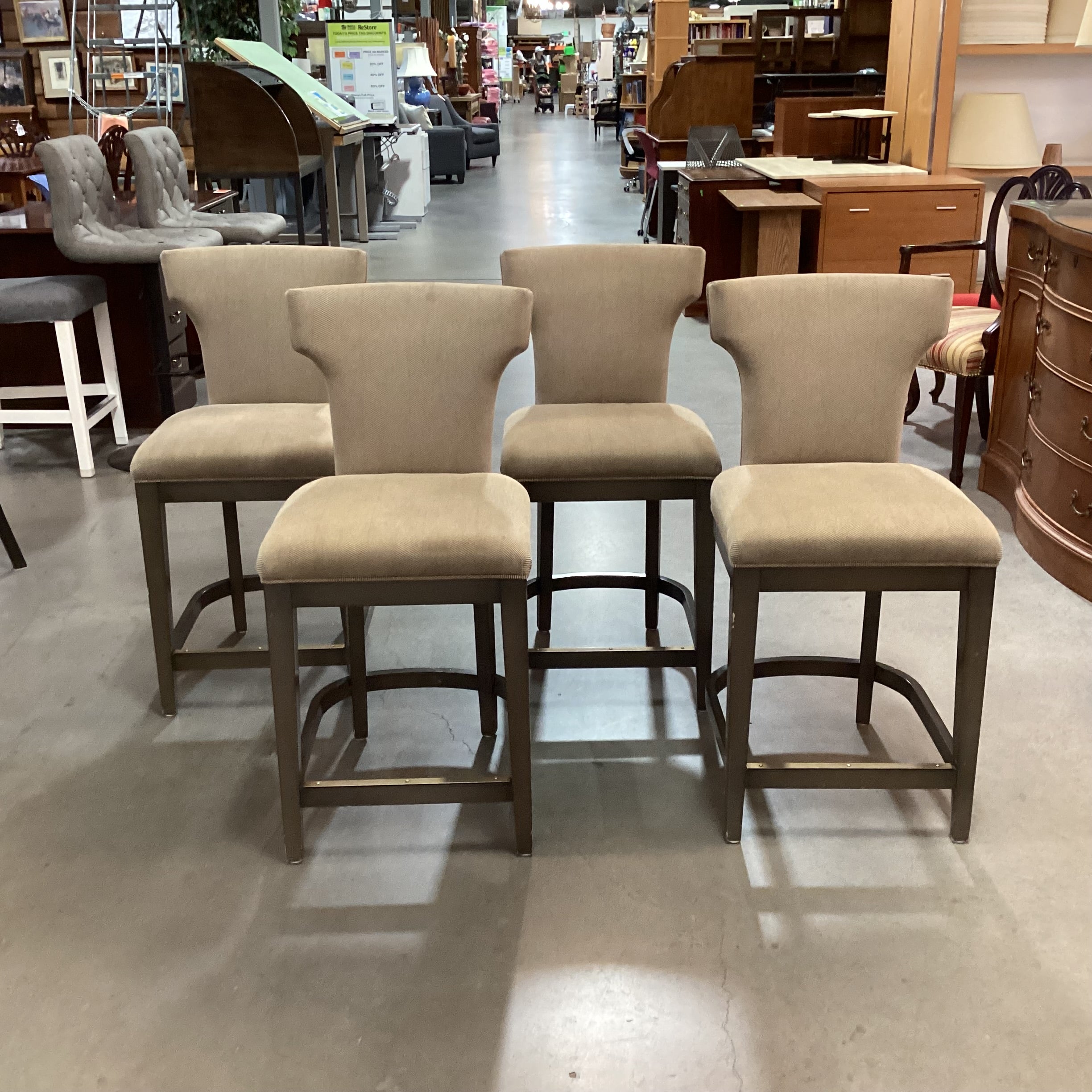 SET of 4 Green Grey Finish & Cream Tan Woven Wing Back Counter Height Barstools 24"