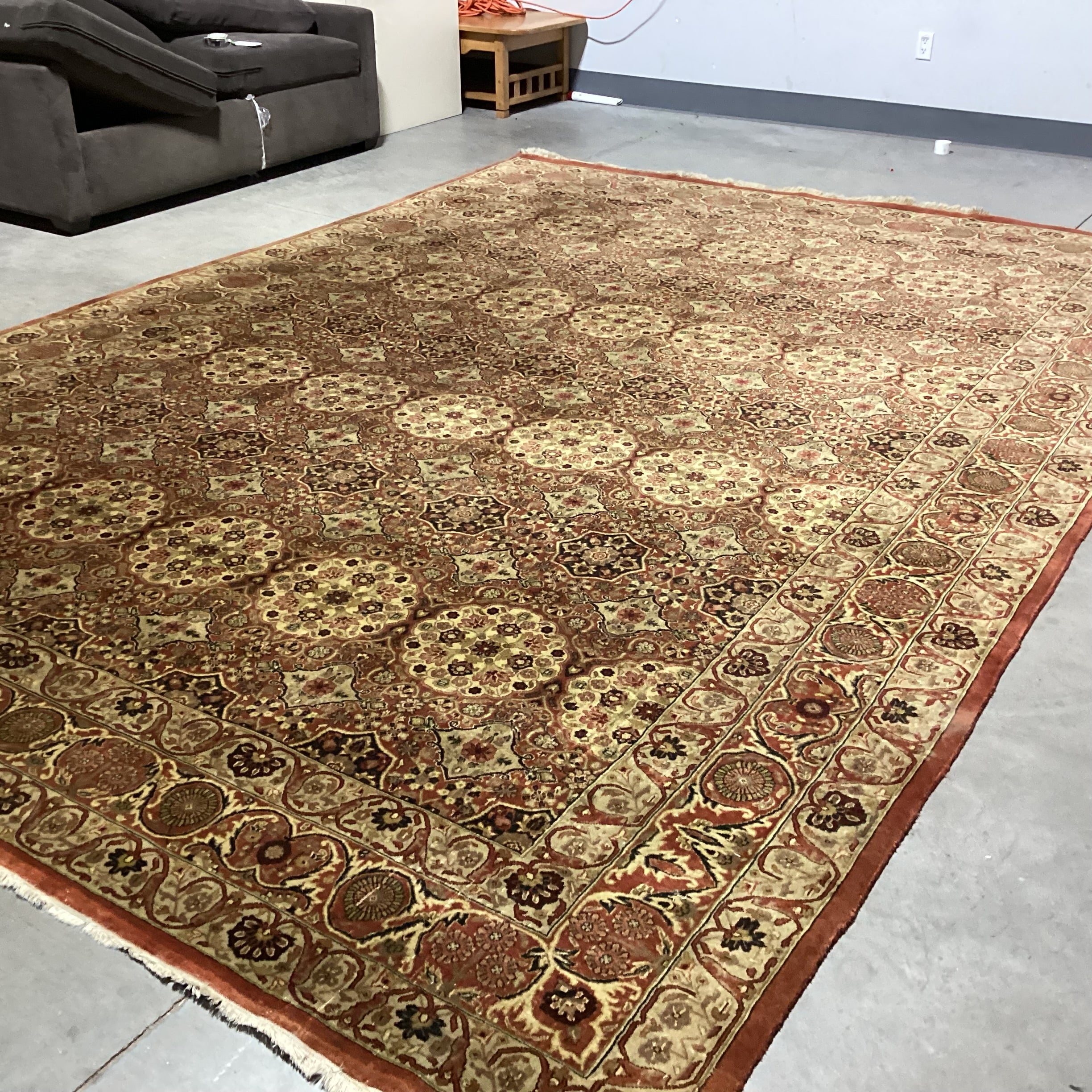 Vintage Antique Gold & Rust Hand Woven Wool or Possibly Silk Rug 9'9"x 13'10"