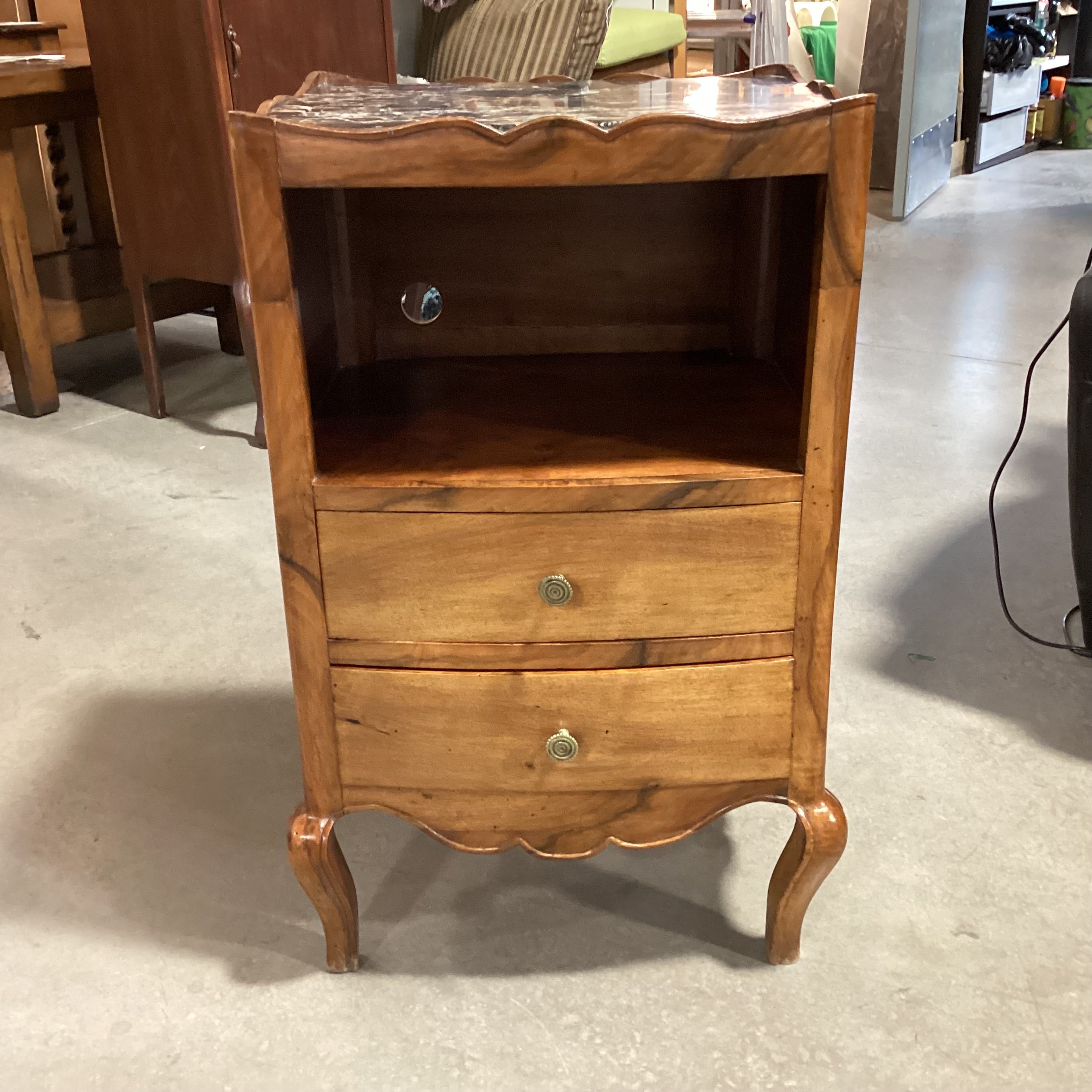 Antique Ornate Carved Walnut & Stone Top 2 Drawer with Cubby Nightstand 16"x 19"x 30"