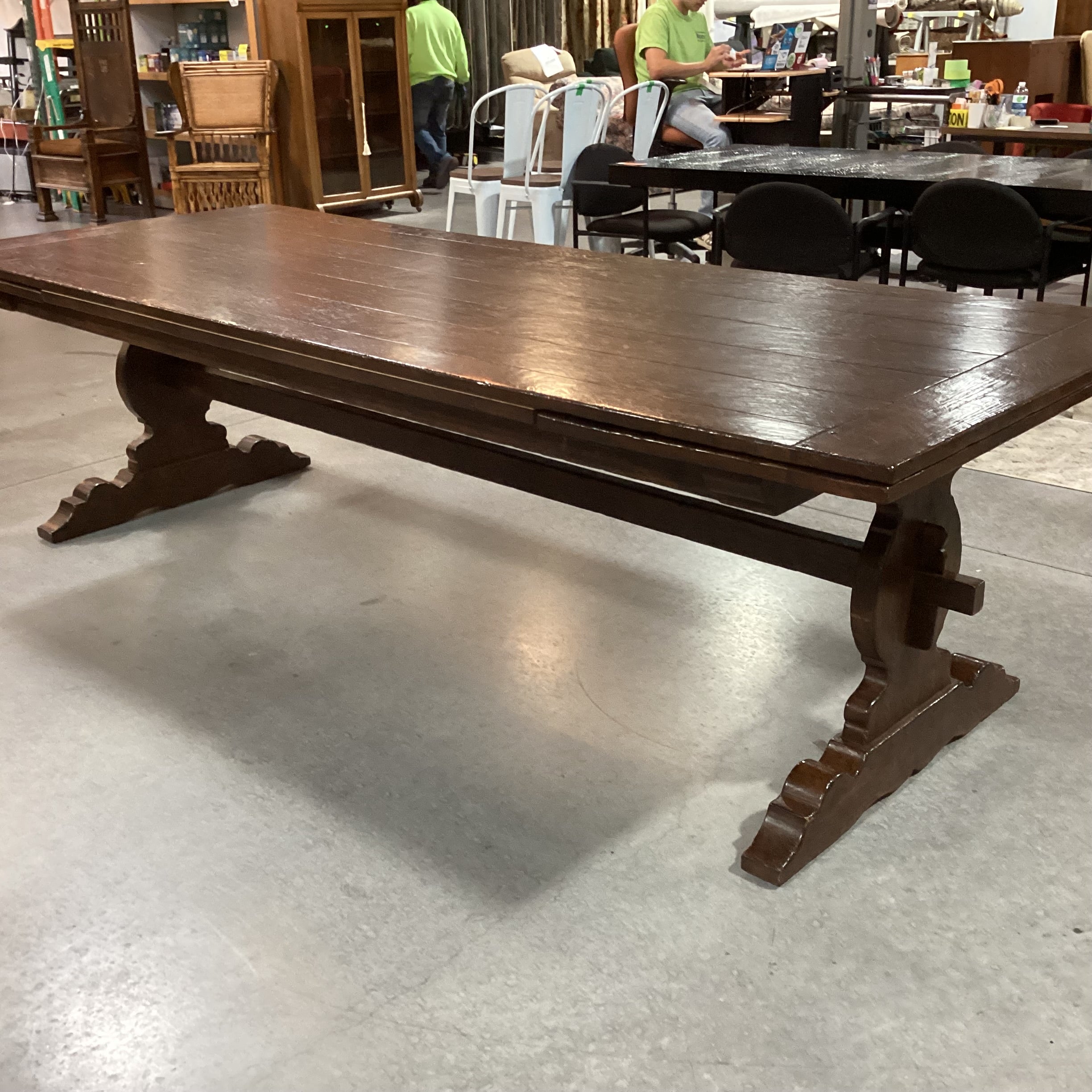 Antique Dark Finish Wood with End Extend Leaves & Trestle Dining Table 108" to 155"x 42"x 30.5"
