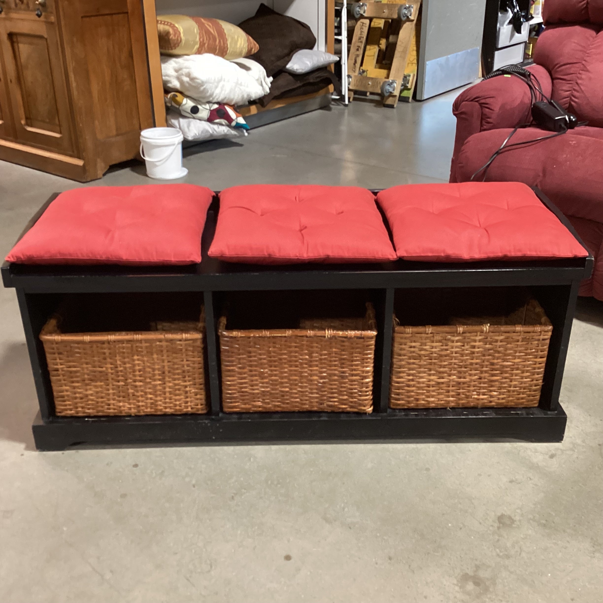 Pottery Barn Black Wood Red Cushions & 3 Baskets Storage Mudroom Bench 50"x 17"x 20"