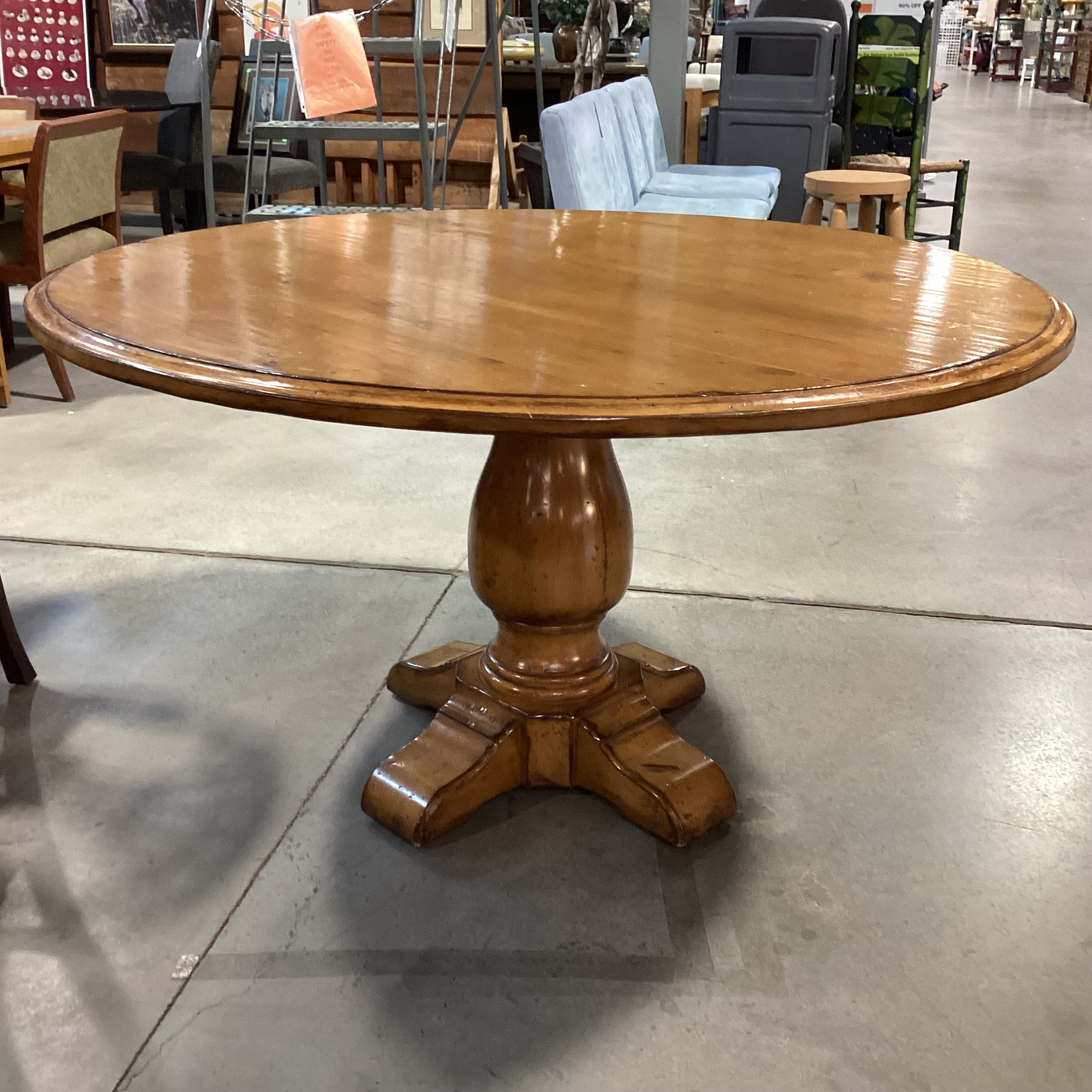 Distressed Finished Wood with Carved Pedestal Round Dining Table 54" Diameter x 30.5"