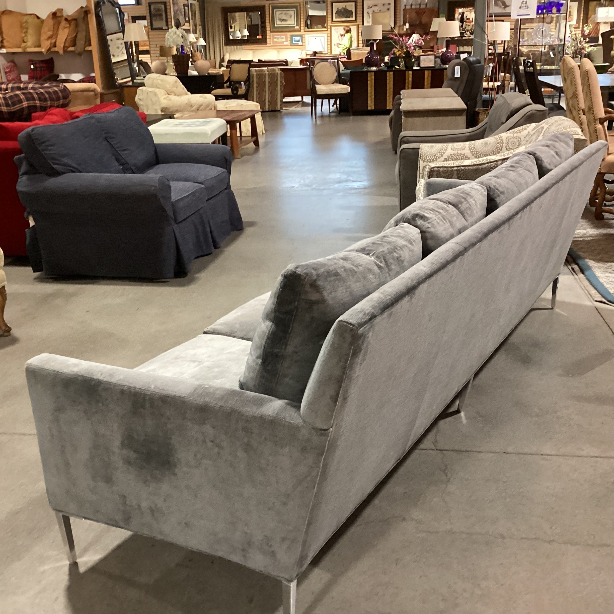 Lee Industries Custom Blue Grey Textured Velvet Down Mix & Chrome Modern Sofa 107"x 36"x 34"