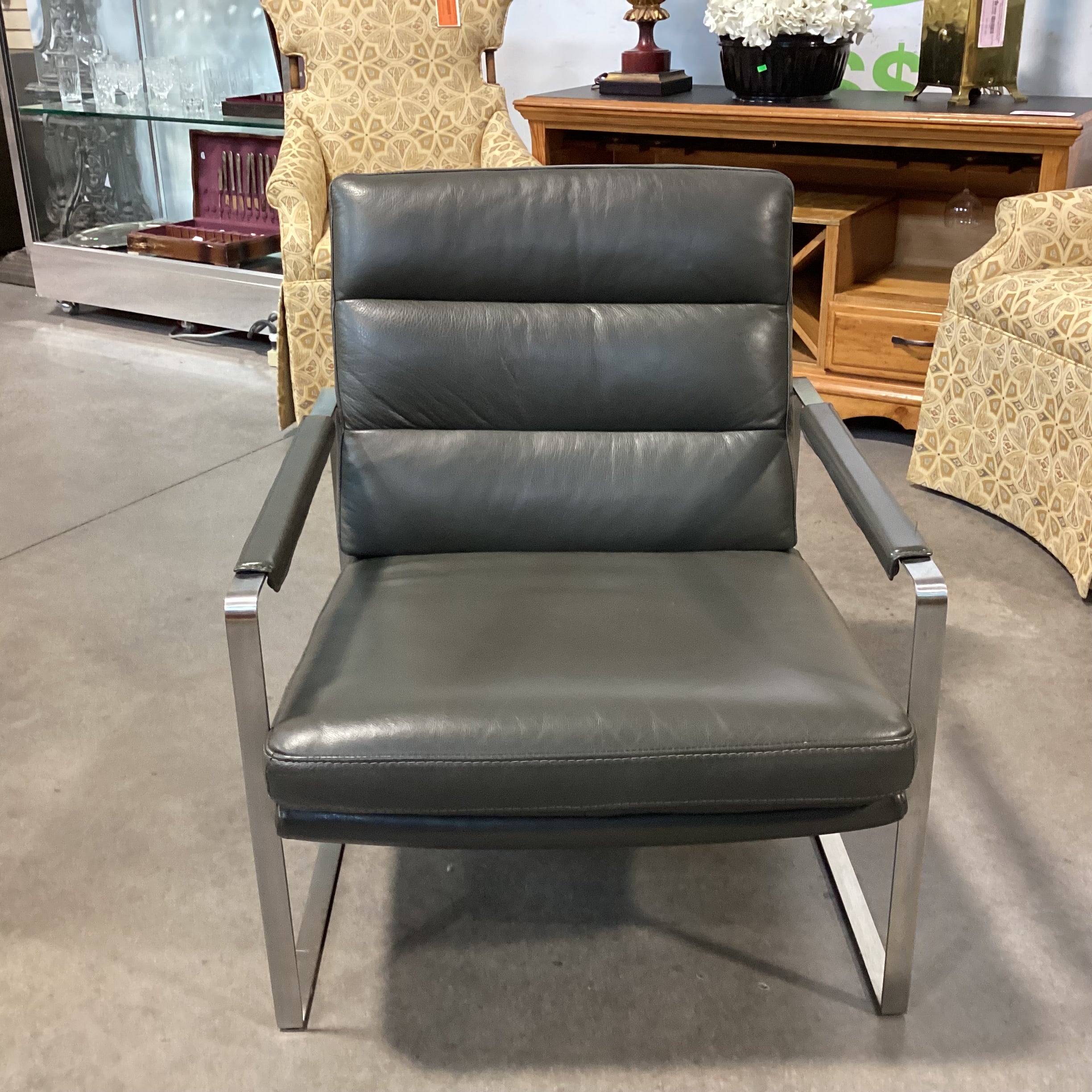 Violino Furniture Olive Grey Leather & Chrome Stainless Mid Century Modern Style Lounge Chair 28"x 32"x 32"