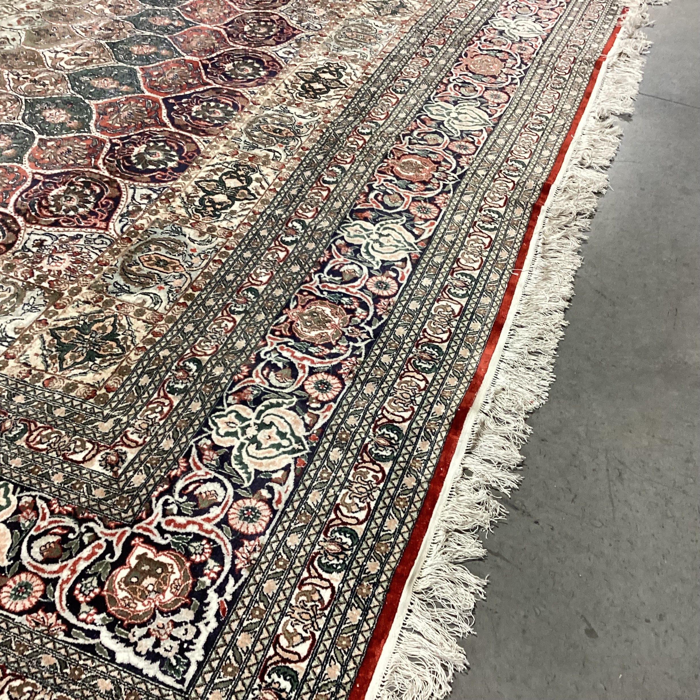 Ivory Rust Coral Blue Green Hand Woven Silk Rug 9'10"x 15.5"