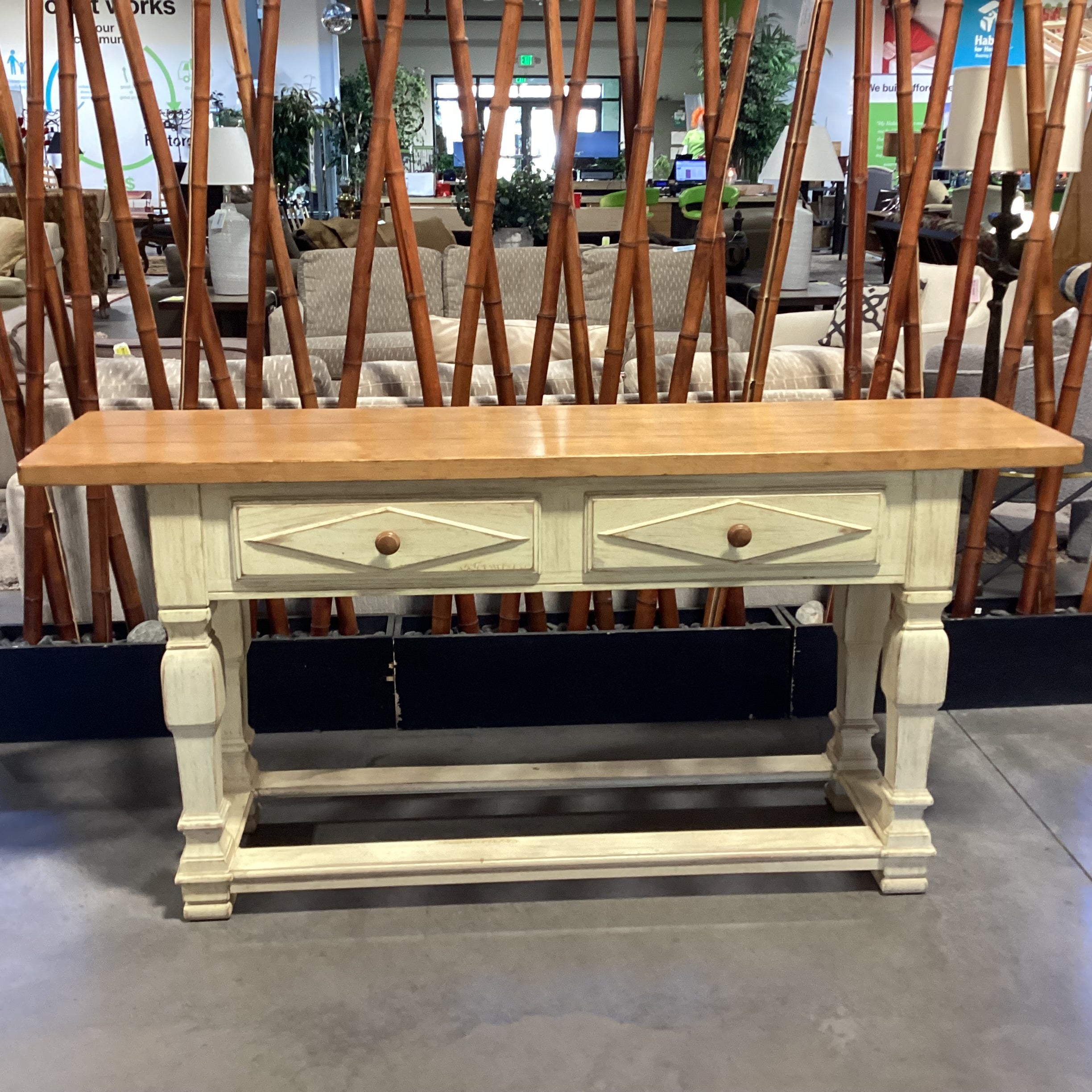 Drexel Cream & Finished Distressed Carved Wood 2 Drawer Sofa Table 72"x 18"x 55.5"