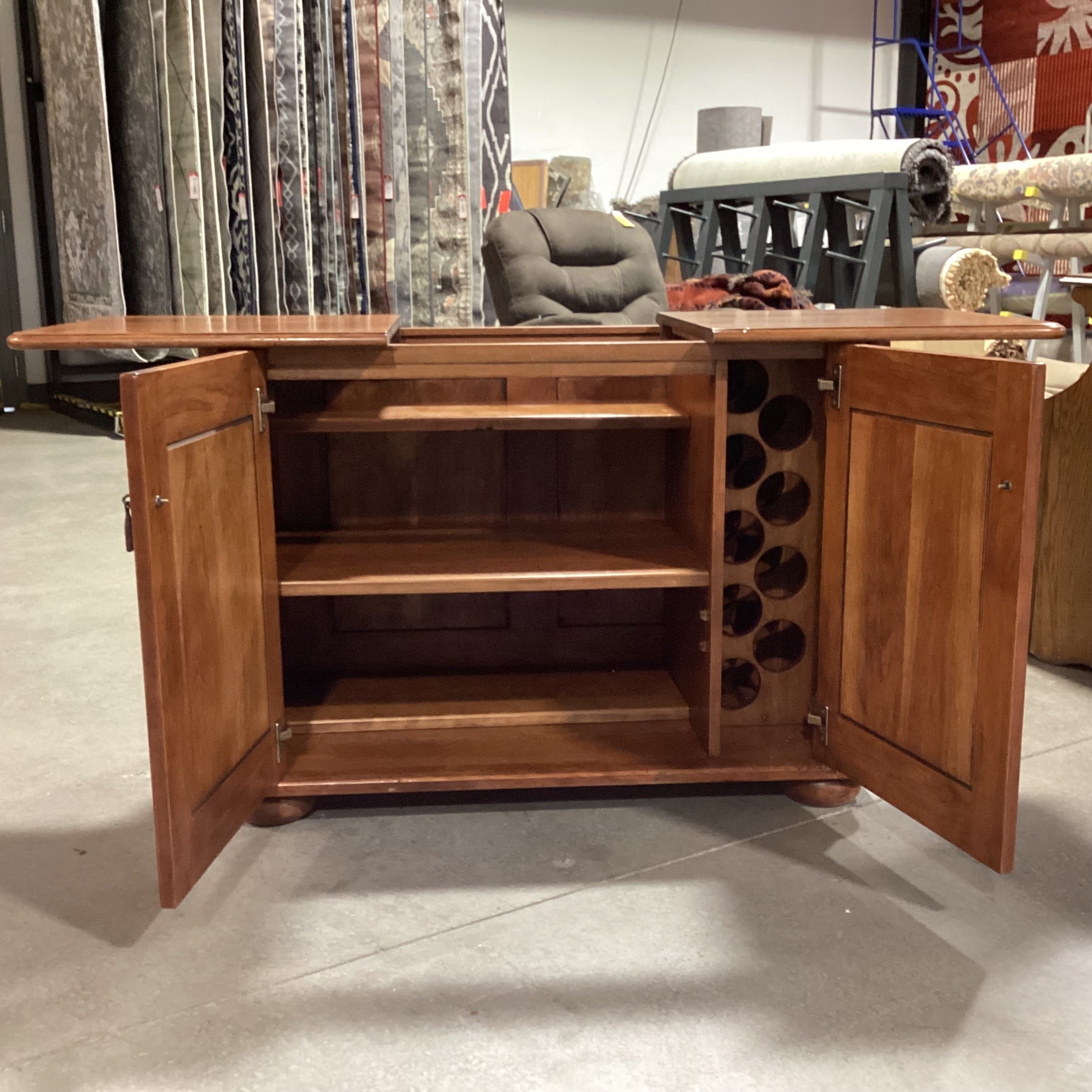 Finished Distressed Carved Wood 2 Door Slide Open Sides Top with Shelves & Wine Rack Bar Buffet 40"x 40" to 61"x 29"