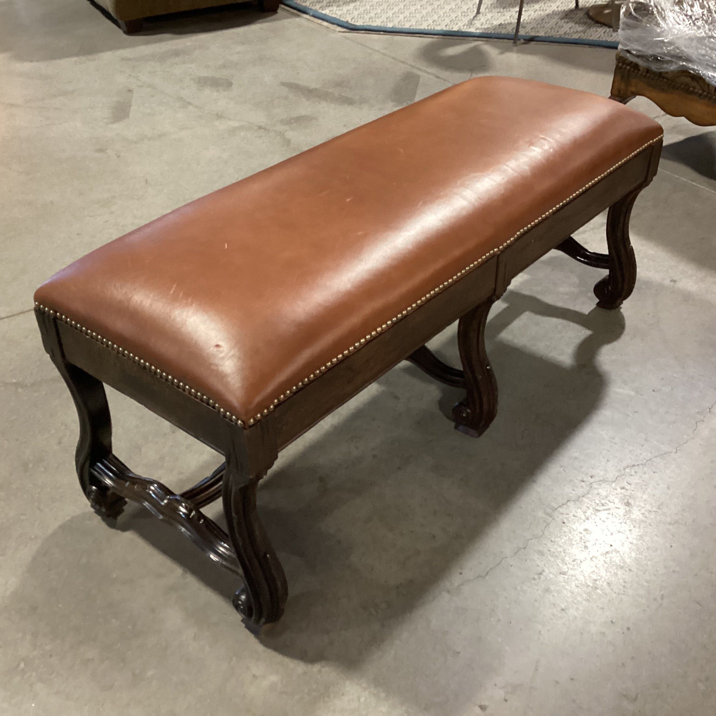 Lorts Leather Nailhead With Dark Finish Ornate Carved Trestle Bench 48"x 19"x 20"