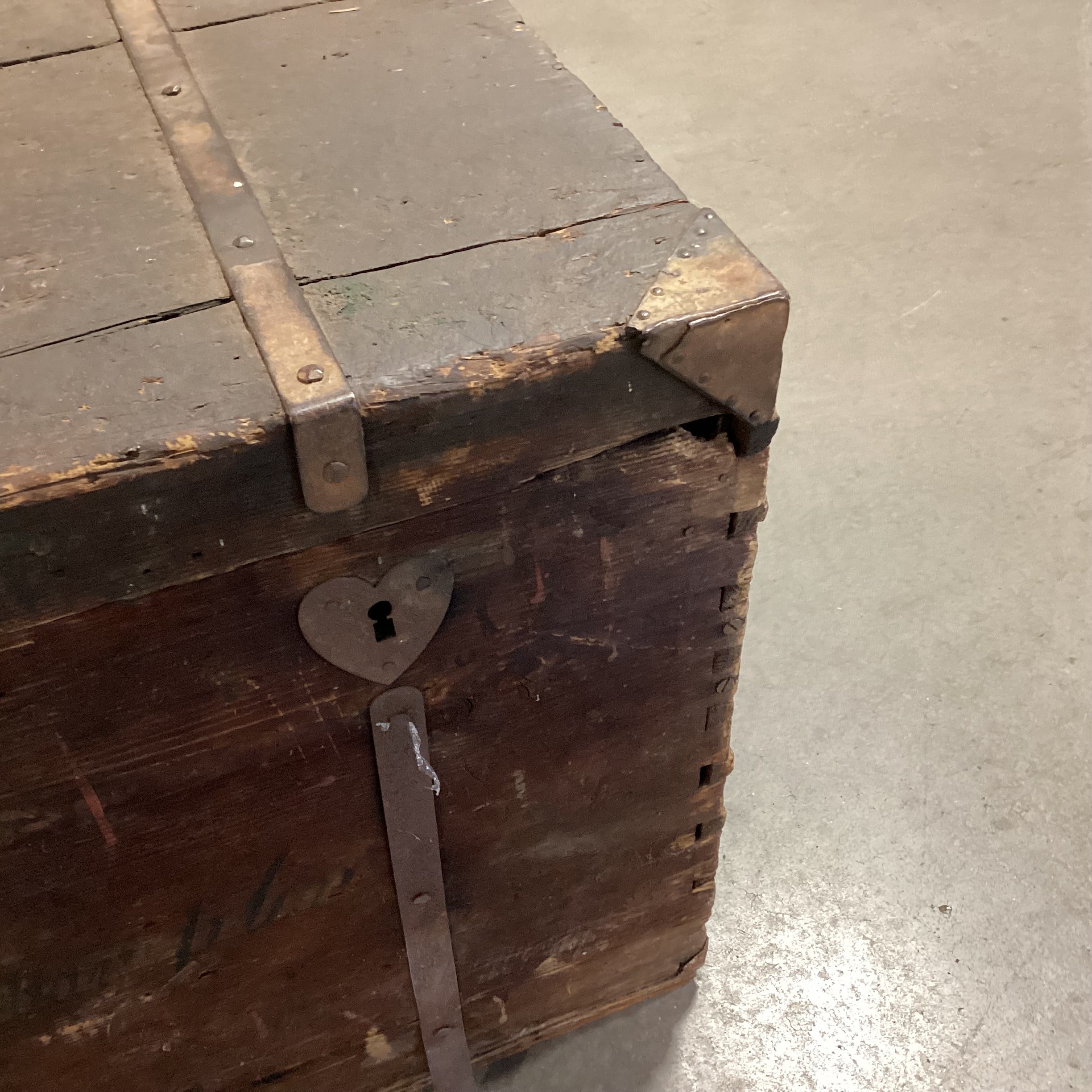 Antique Wood With Iron Bands & Heart Keyhole Trunk 42"x 28"x 23"
