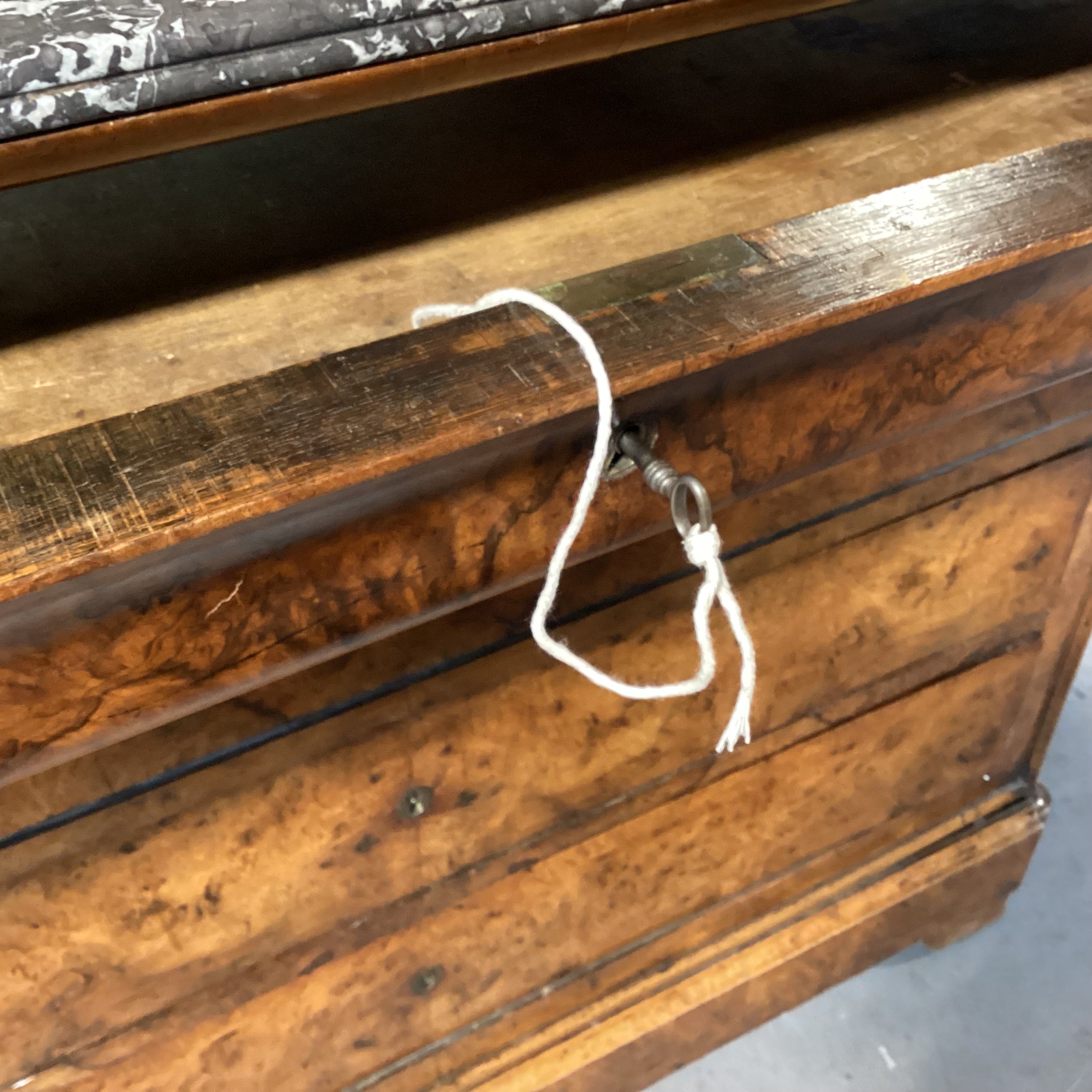 Antique Mediterranean Olive Burl 4 Drawer with Marble Top Desk 52"x 24.5"x 39"