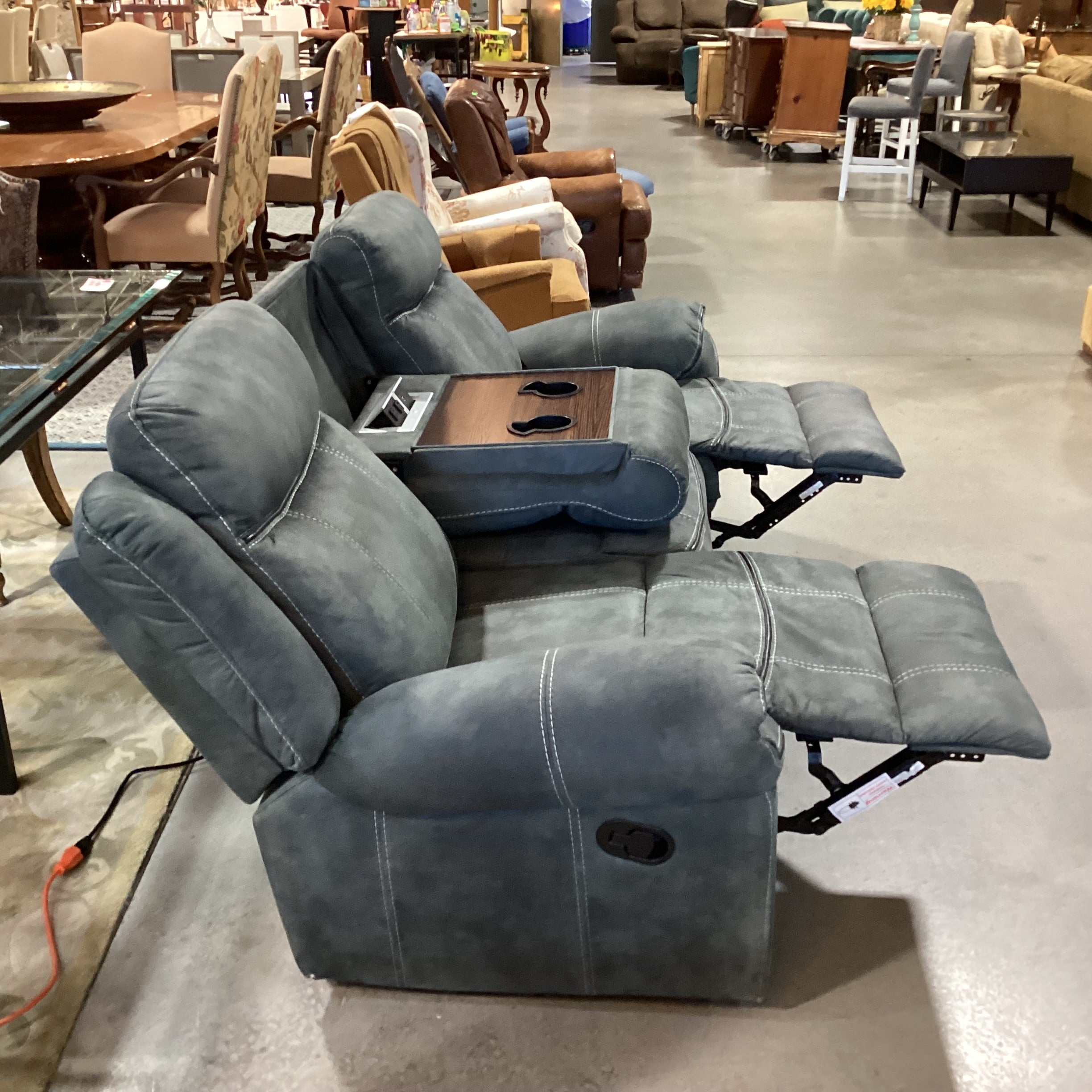 Textured Slate Grey Ultra Suede with Piping & Stitching Accent Double Recliner with Outlet Console Sofa 89"x 39" to 55"x 41"