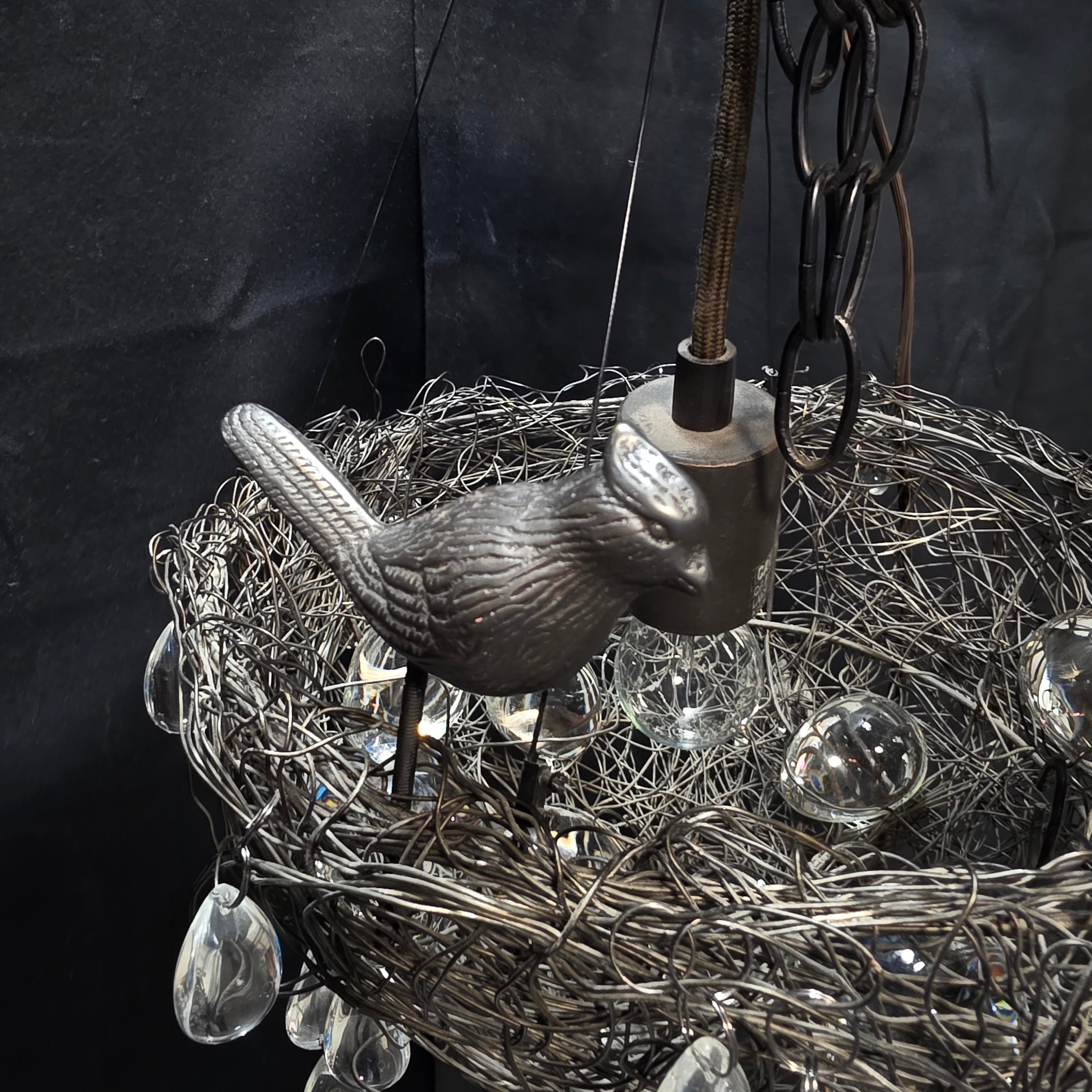 Cardinal Bird's Nest Chandelier with Glass Eggs and Glass Droplets 13"Dx8"